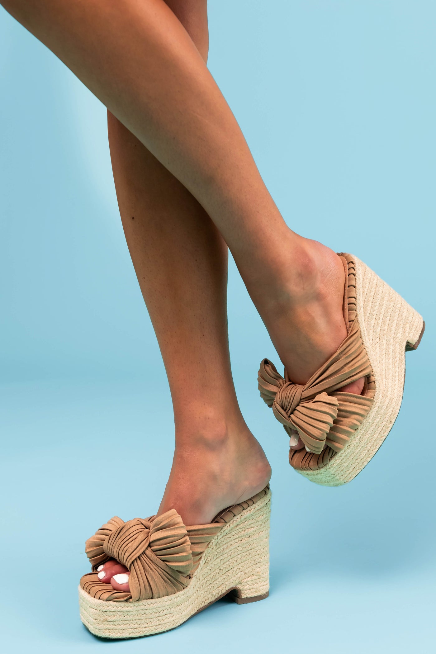 Camel Front Bow Espadrille Platform Wedges