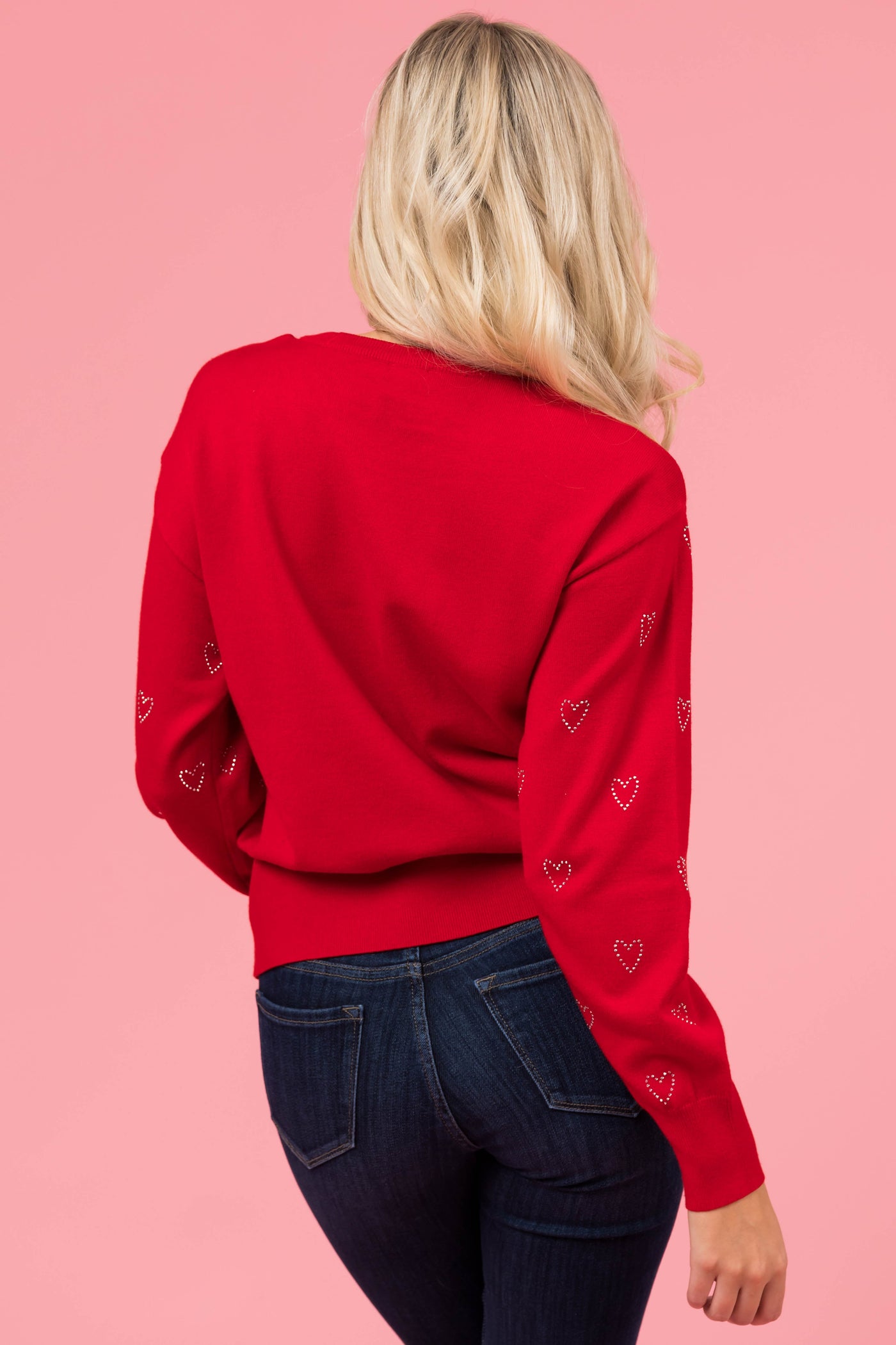 Candy Apple Red Rhinestone Heart Print Sweater