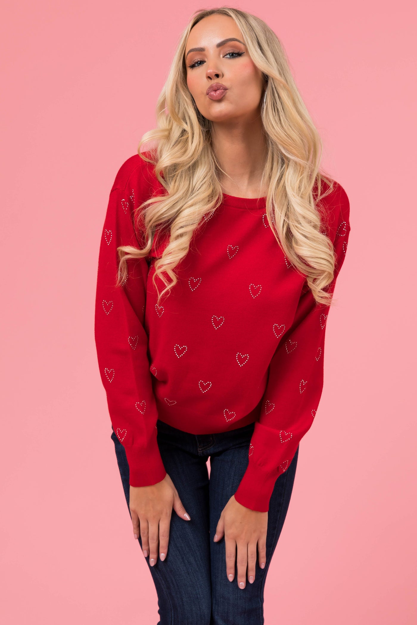 Candy Apple Red Rhinestone Heart Print Sweater