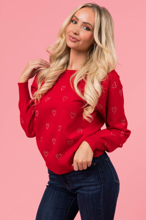 Candy Apple Red Rhinestone Heart Print Sweater