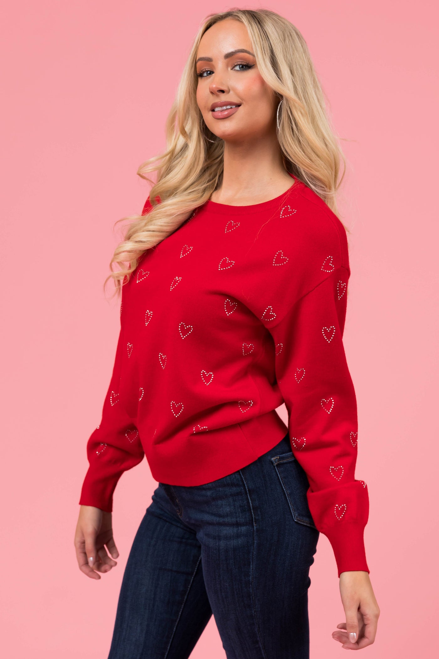 Candy Apple Red Rhinestone Heart Print Sweater