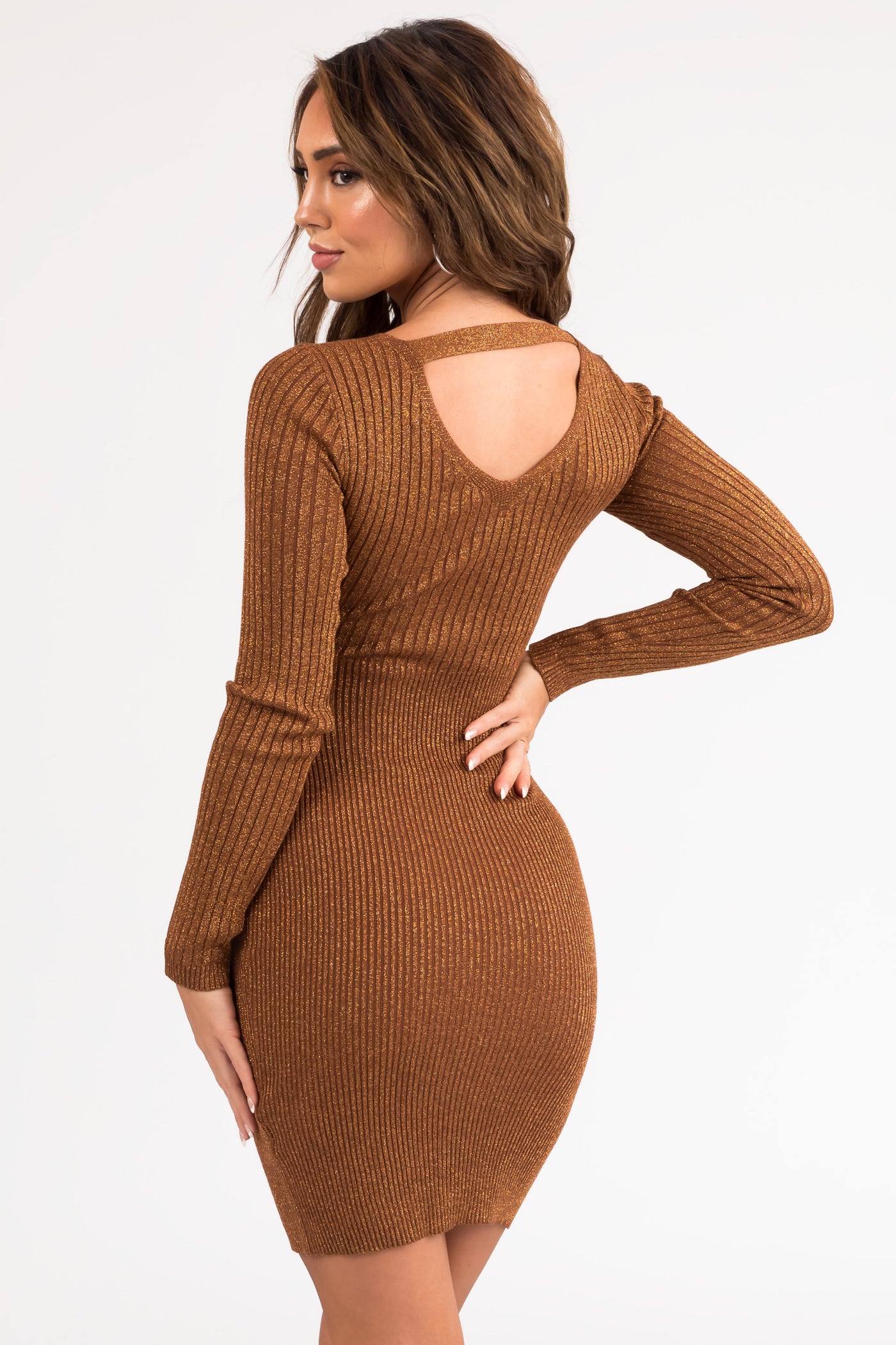 Caramel Glitter Faux Wrap Ribbed Midi Dress