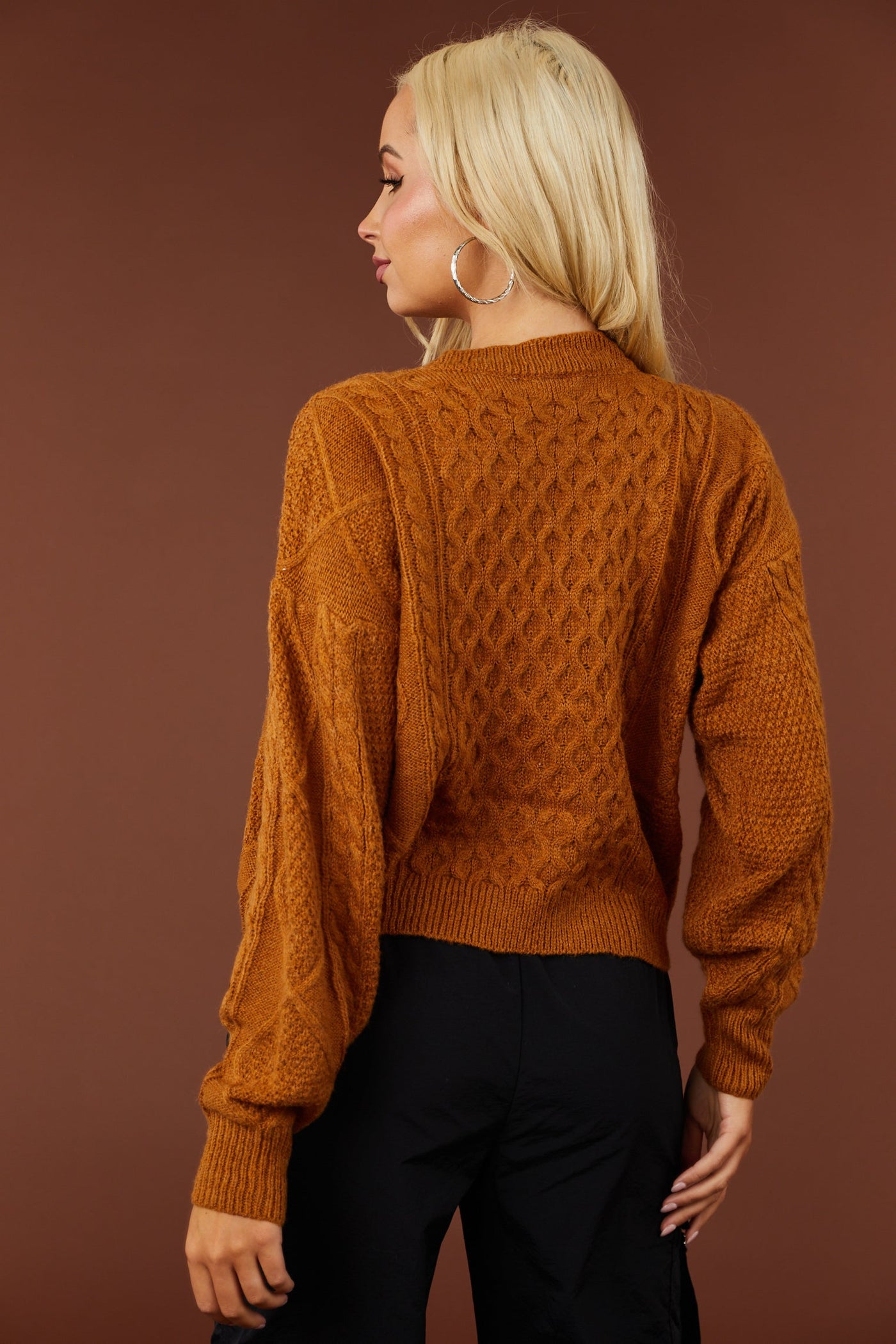 Caramel V Neck Cable Knit Sweater