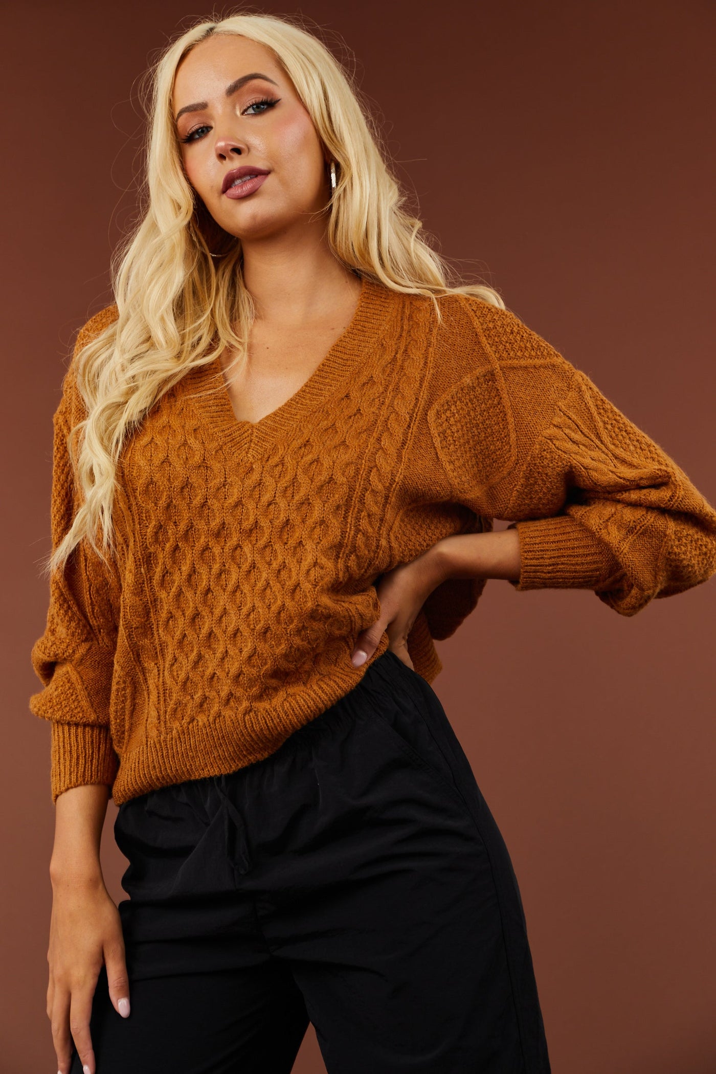 Caramel V Neck Cable Knit Sweater