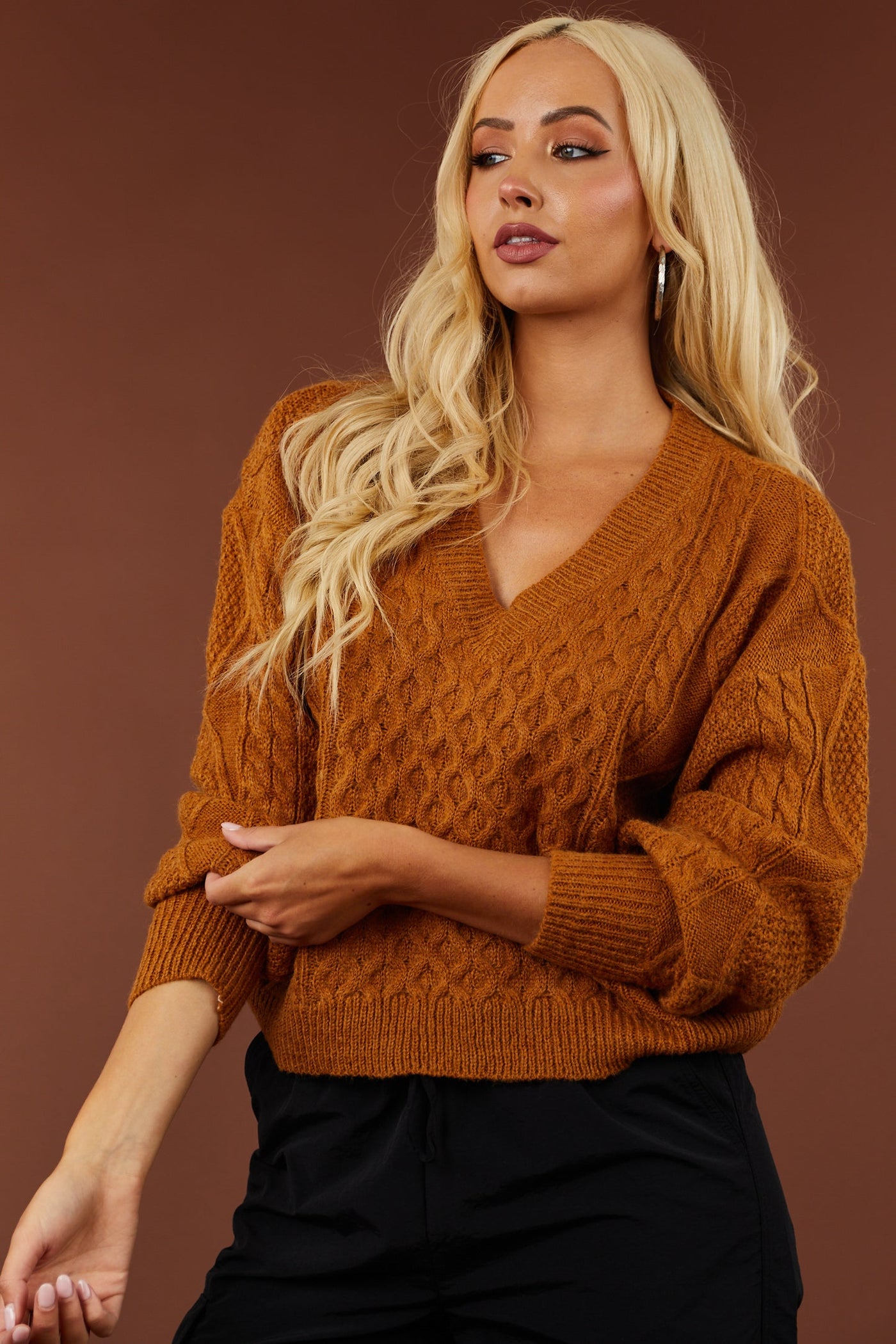 Caramel V Neck Cable Knit Sweater