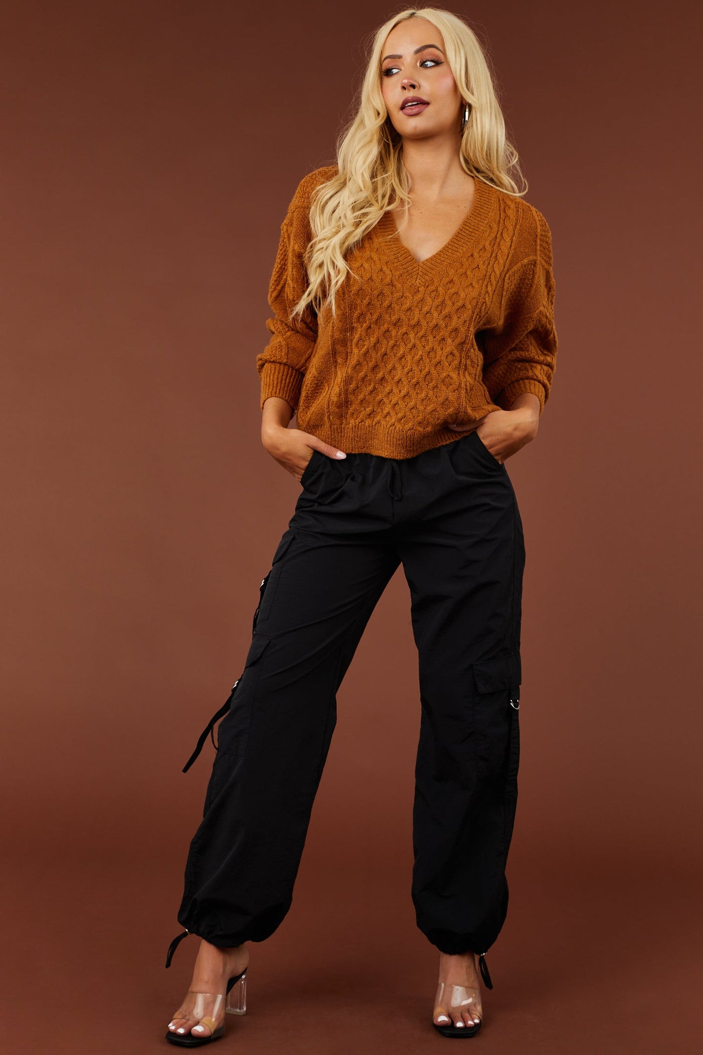Caramel V Neck Cable Knit Sweater