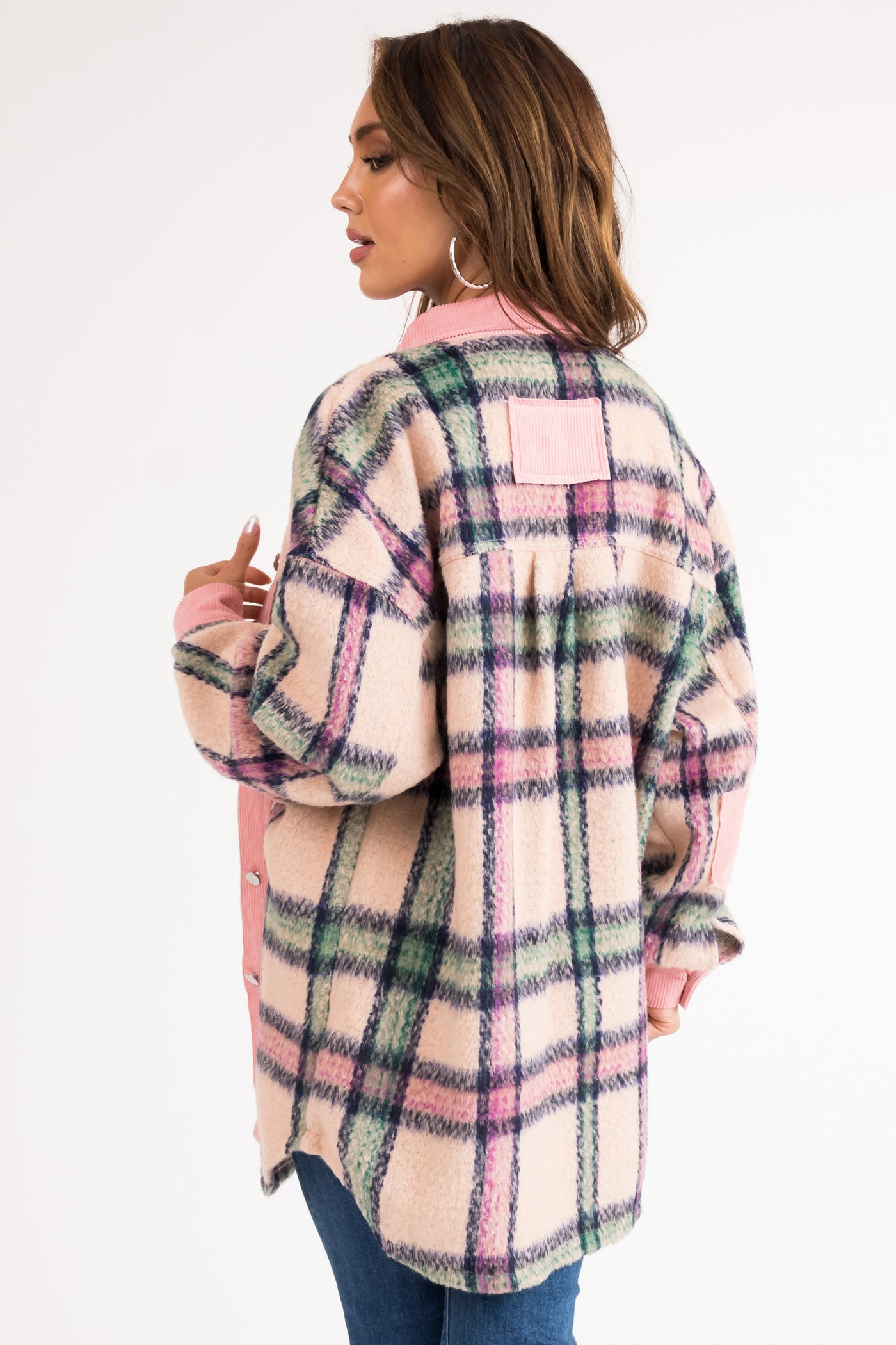 Carnation Fuzzy Plaid Long Sleeve Shacket