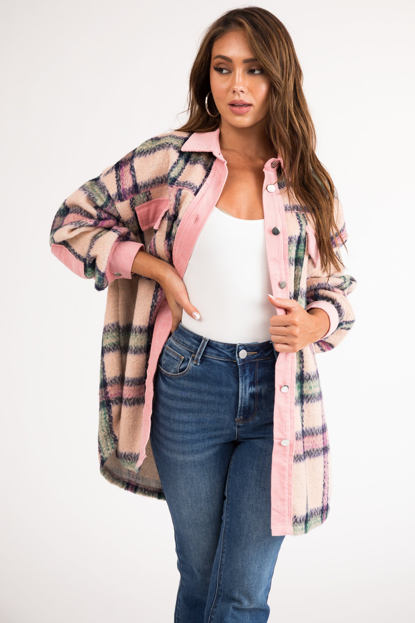 Carnation Fuzzy Plaid Long Sleeve Shacket