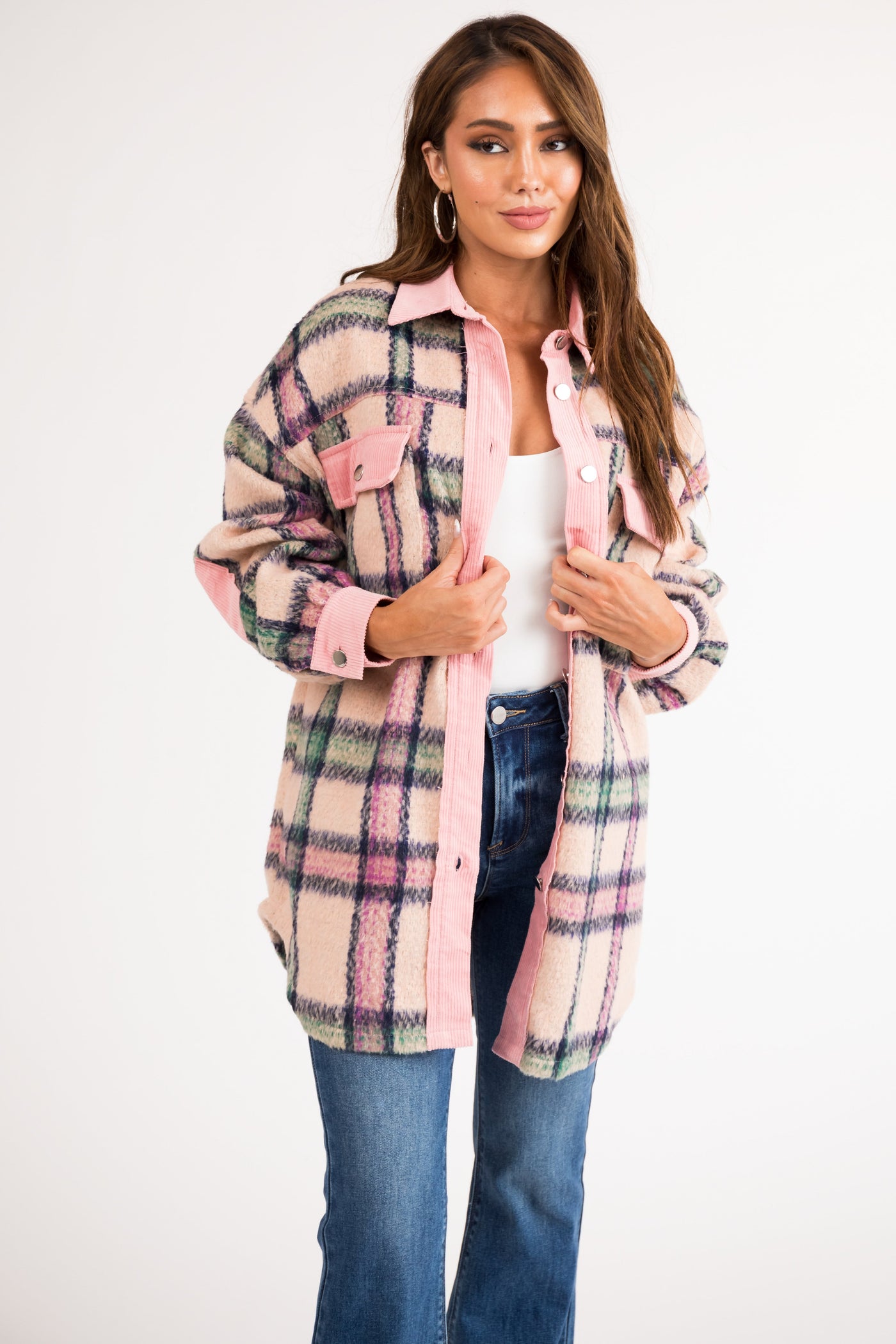 Carnation Fuzzy Plaid Long Sleeve Shacket