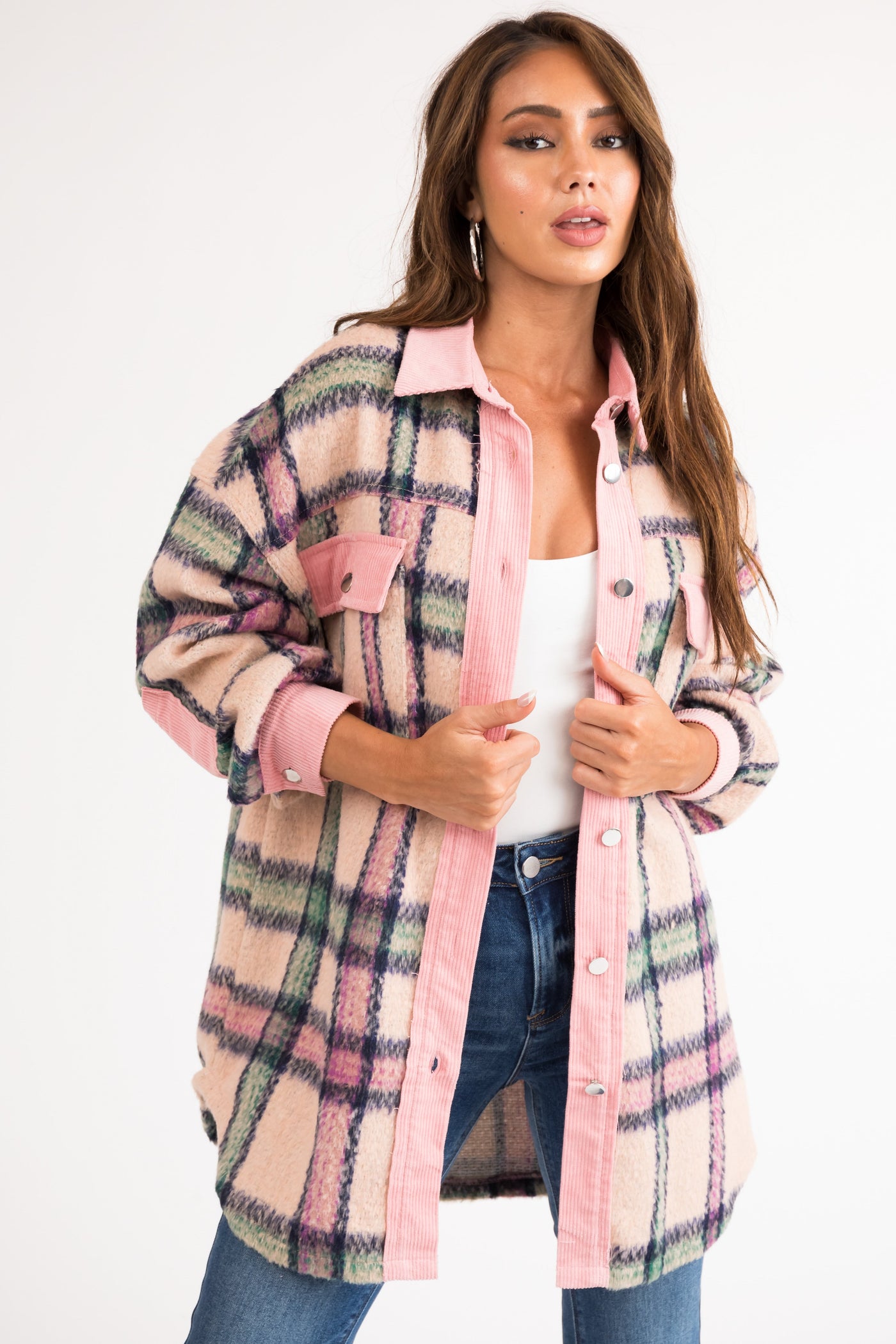 Carnation Fuzzy Plaid Long Sleeve Shacket