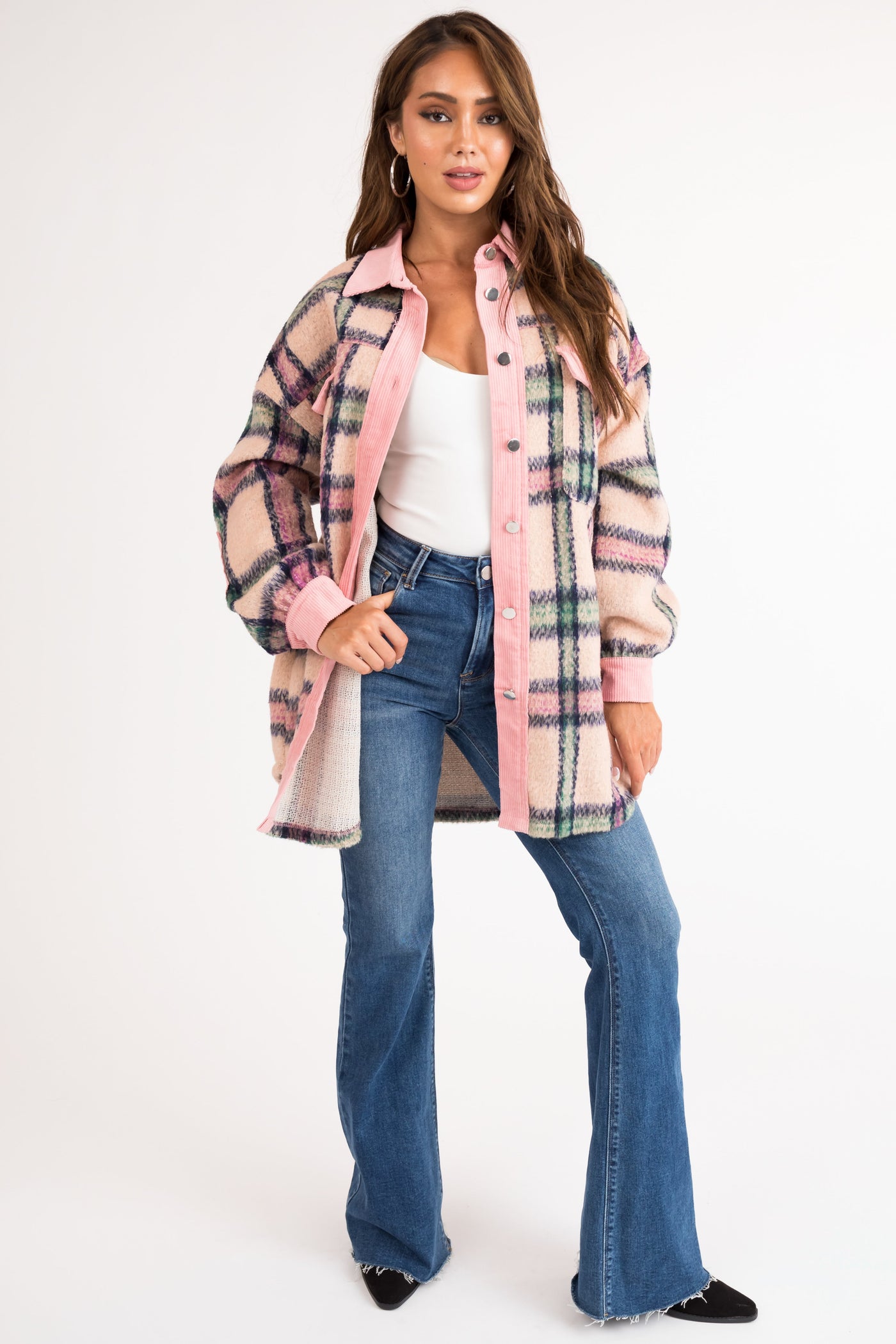 Carnation Fuzzy Plaid Long Sleeve Shacket