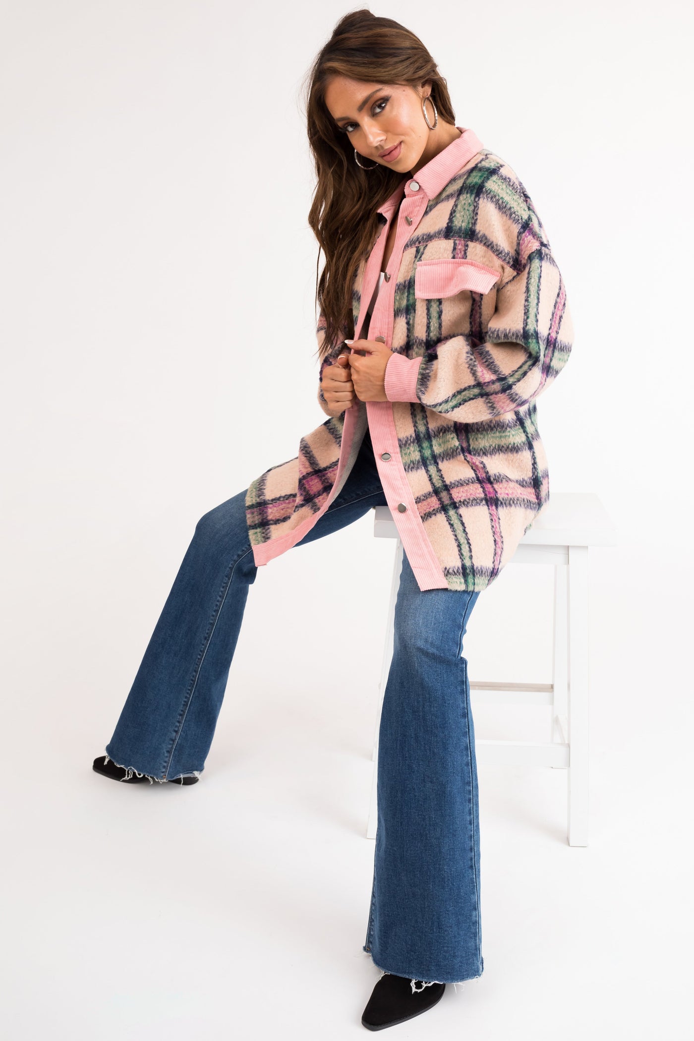 Carnation Fuzzy Plaid Long Sleeve Shacket