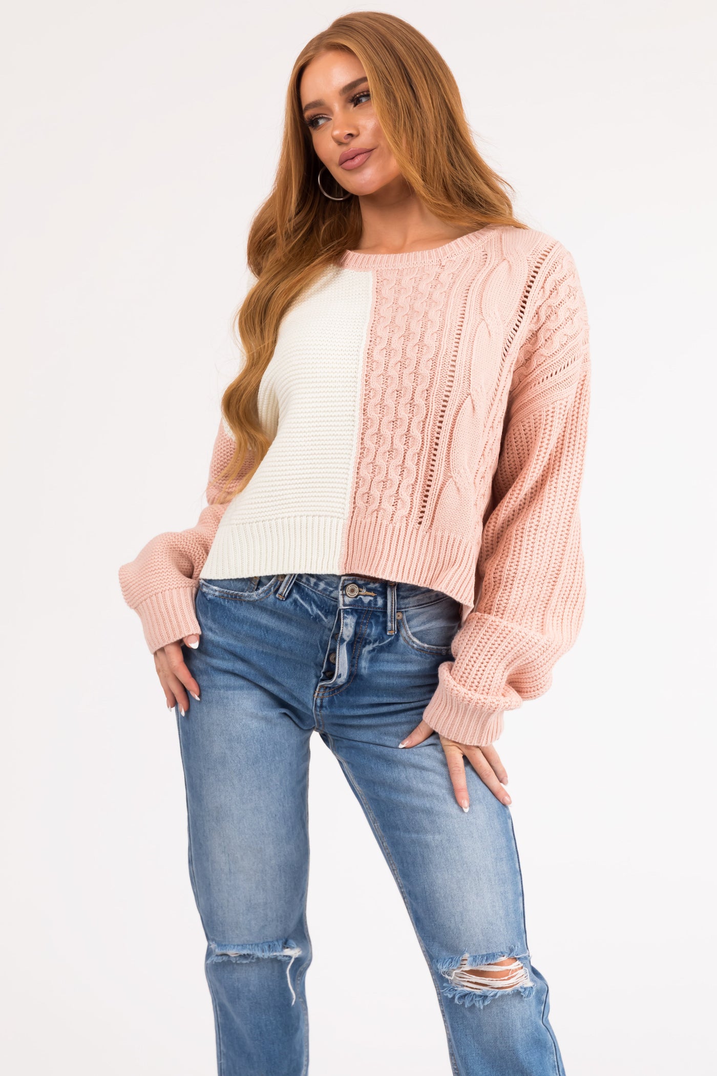 Carnation and Ivory Colorblock Cable Knit Sweater