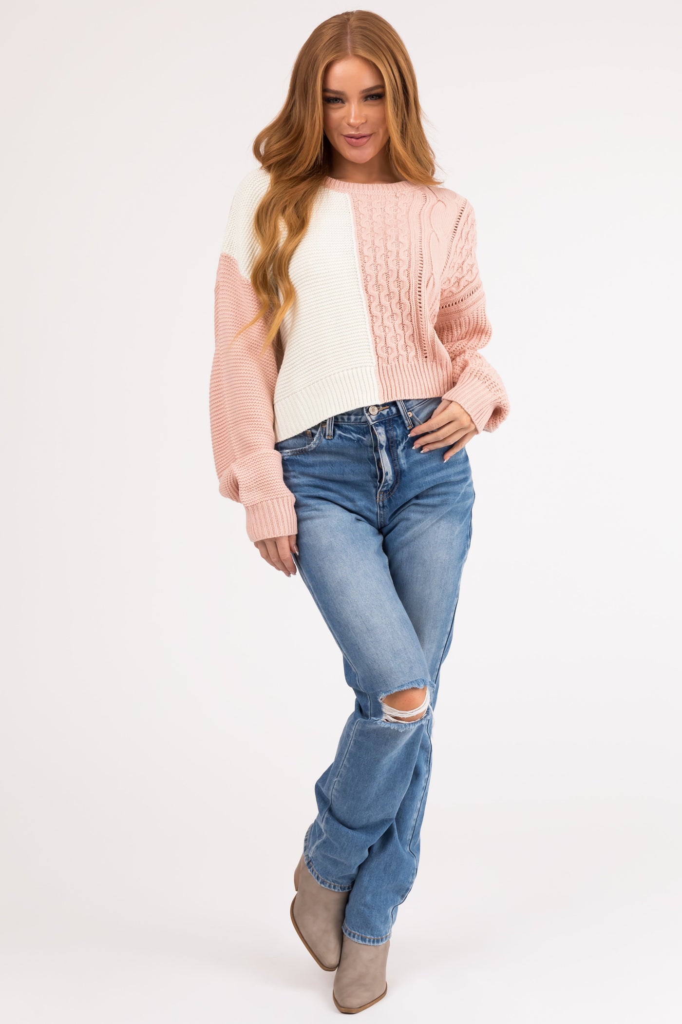 Carnation and Ivory Colorblock Cable Knit Sweater