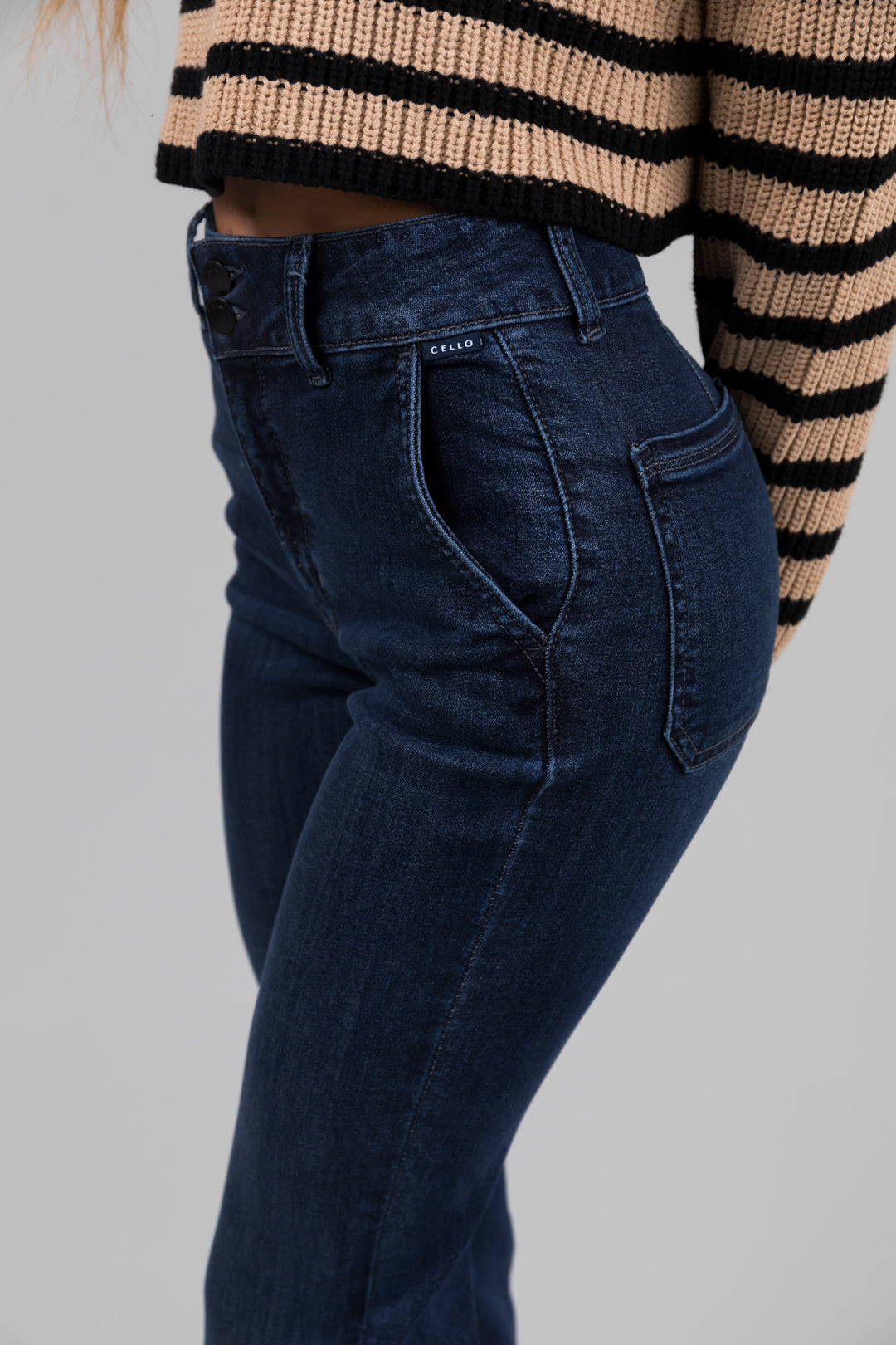 Cello Dark Wash Flare Leg Two Button Jeans