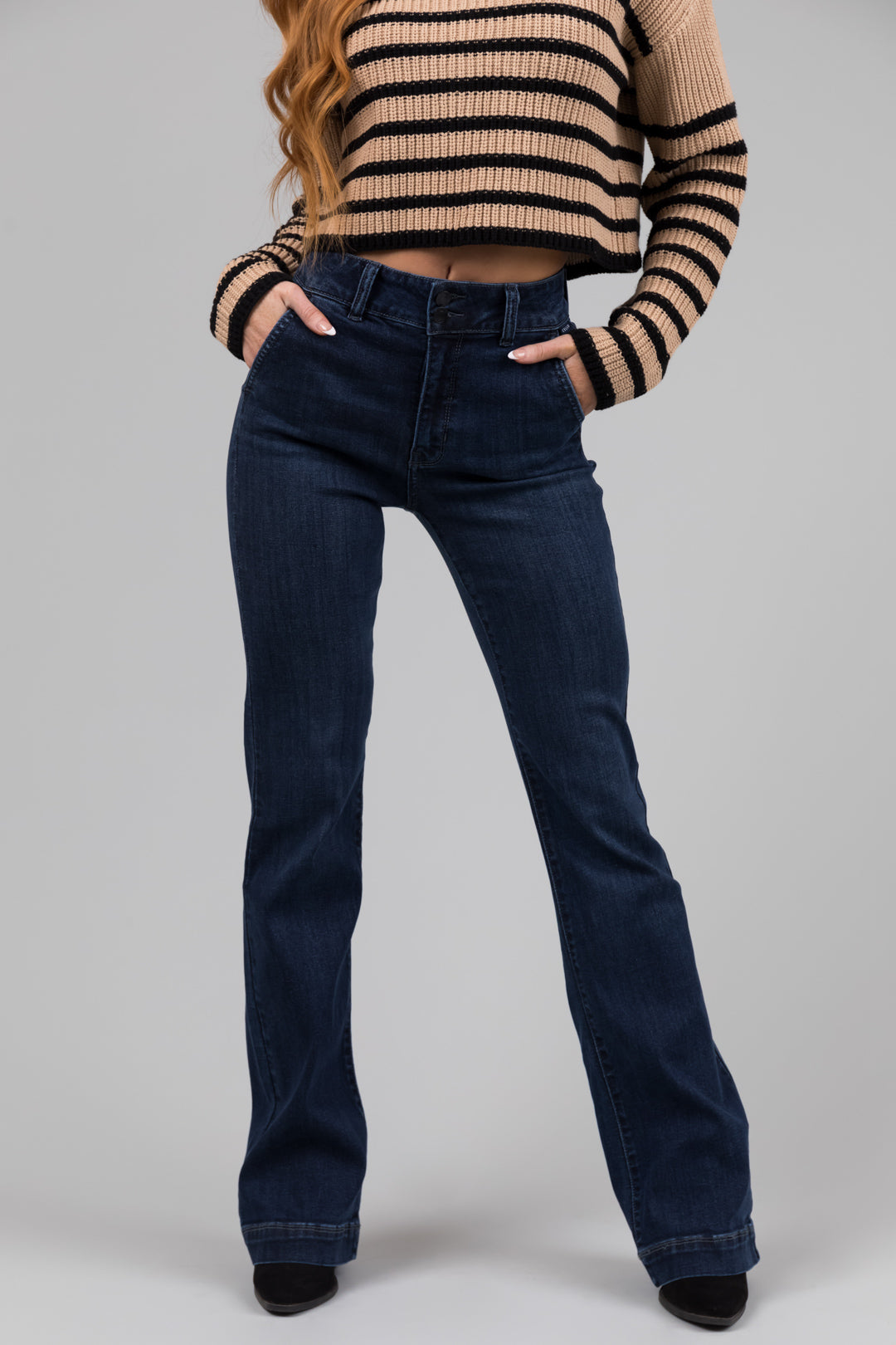 Cello Dark Wash Flare Leg Two Button Jeans