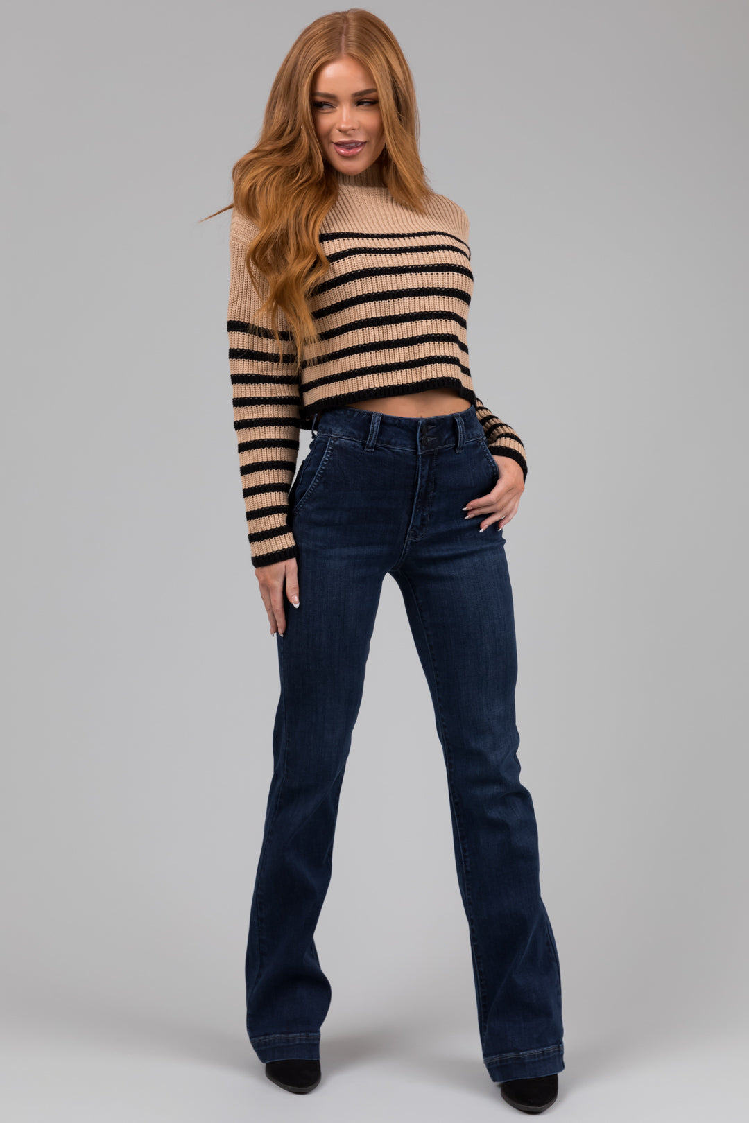 Cello Dark Wash Flare Leg Two Button Jeans