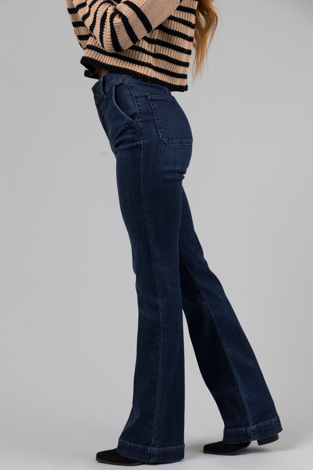 Cello Dark Wash Flare Leg Two Button Jeans