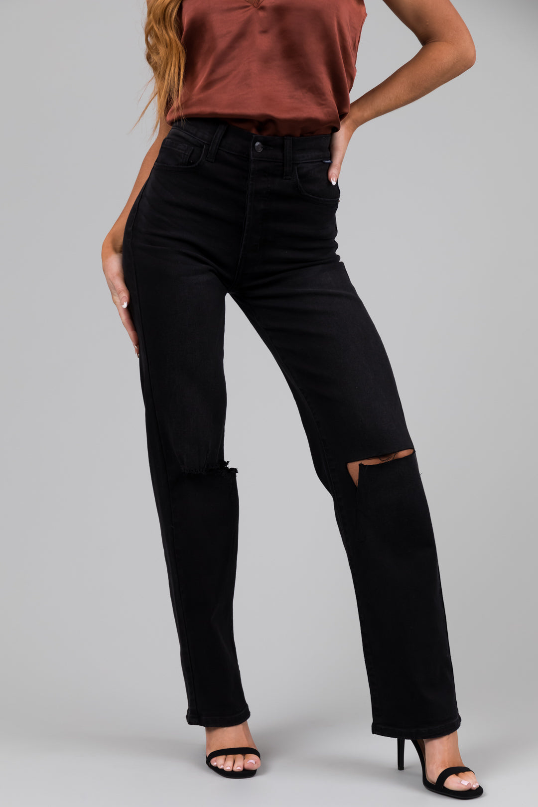 Cello Faded Black High Rise Torn Knee Dad Jeans