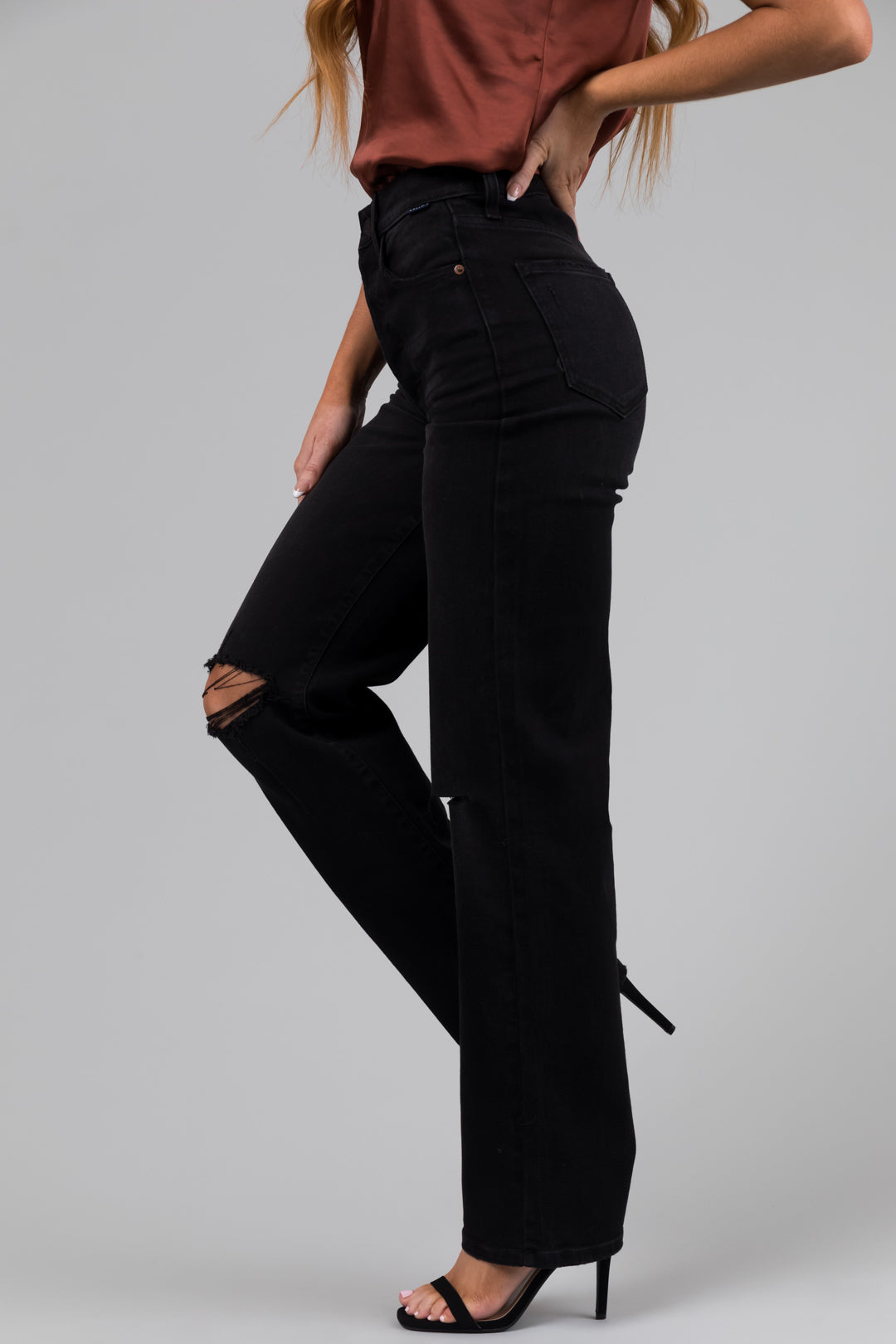 Cello Faded Black High Rise Torn Knee Dad Jeans