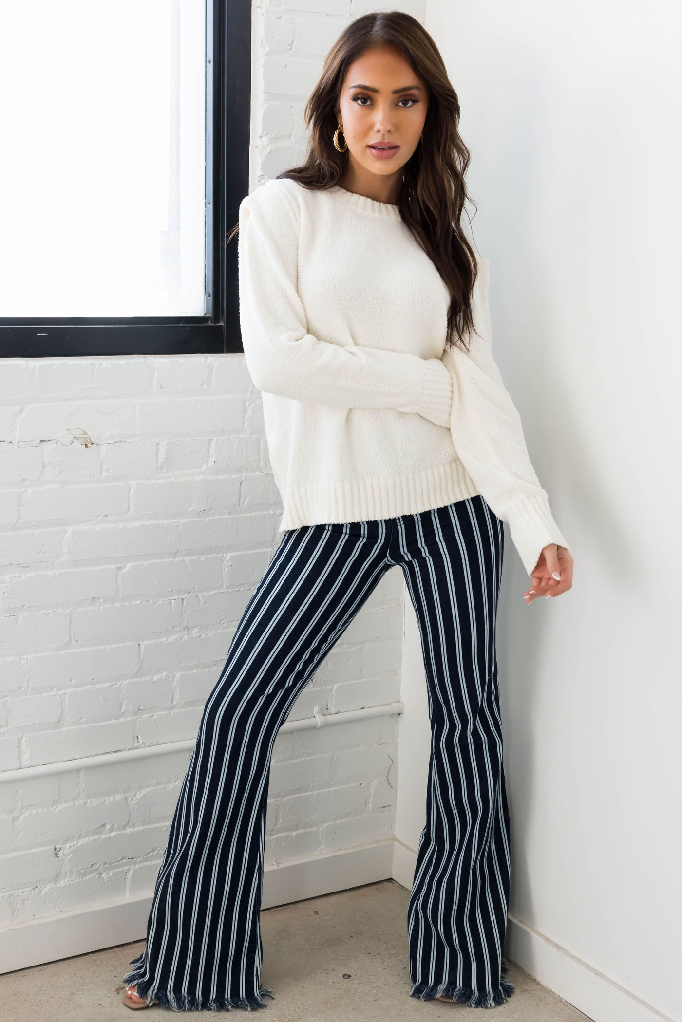 Cello High Rise Striped Super Flare Jeans