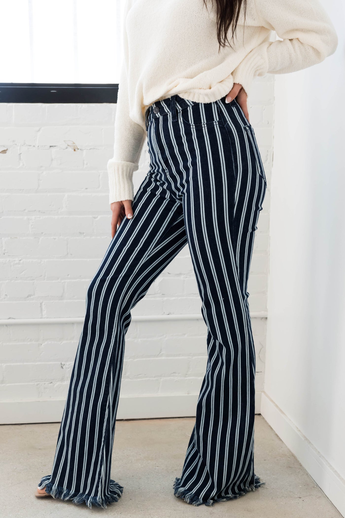 Cello High Rise Striped Super Flare Jeans