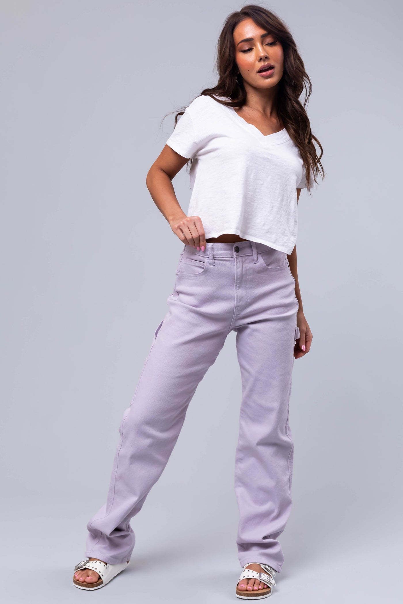 Cello Lavender Mid Rise Baggy Carpenter Jeans