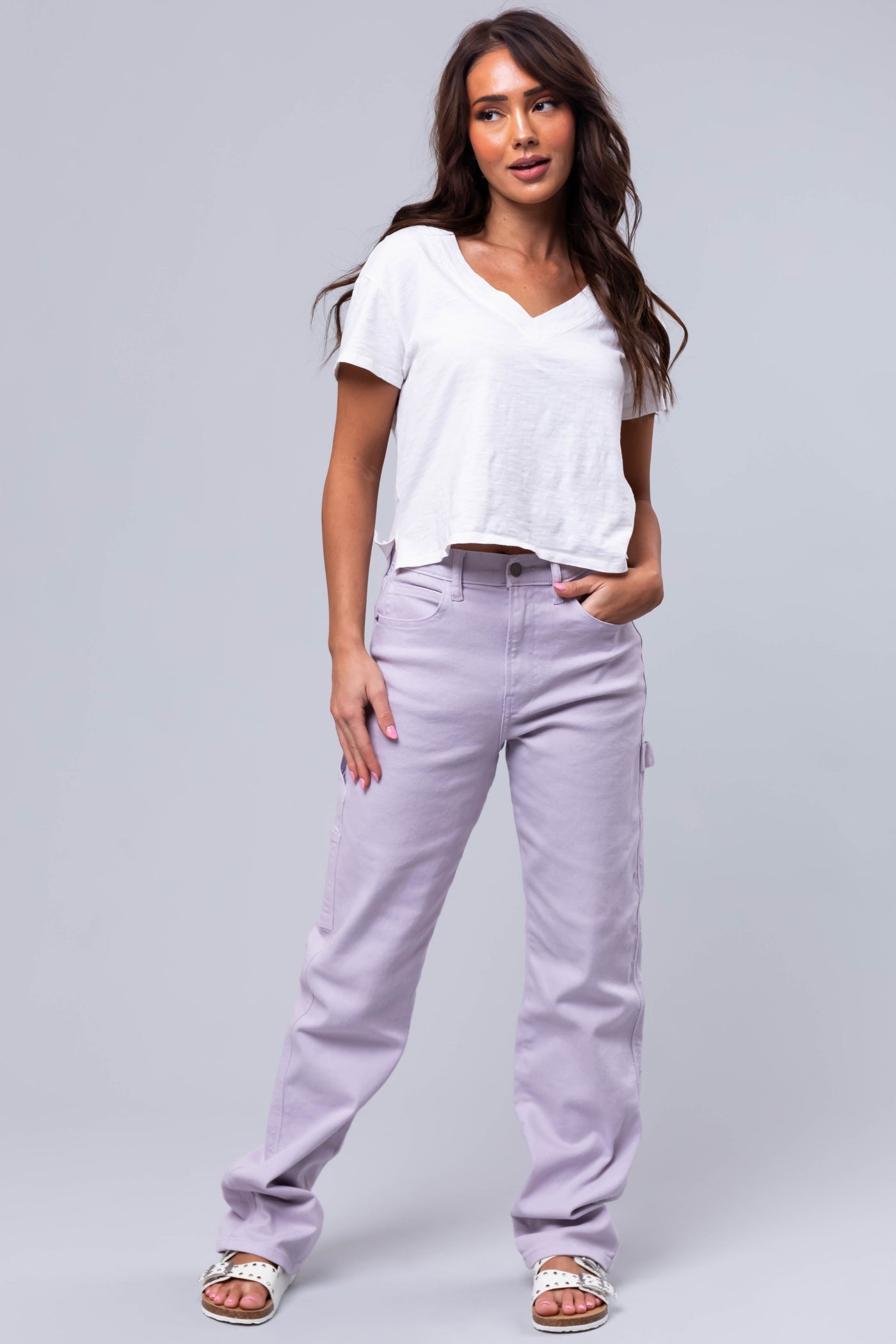 Cello Lavender Mid Rise Baggy Carpenter Jeans
