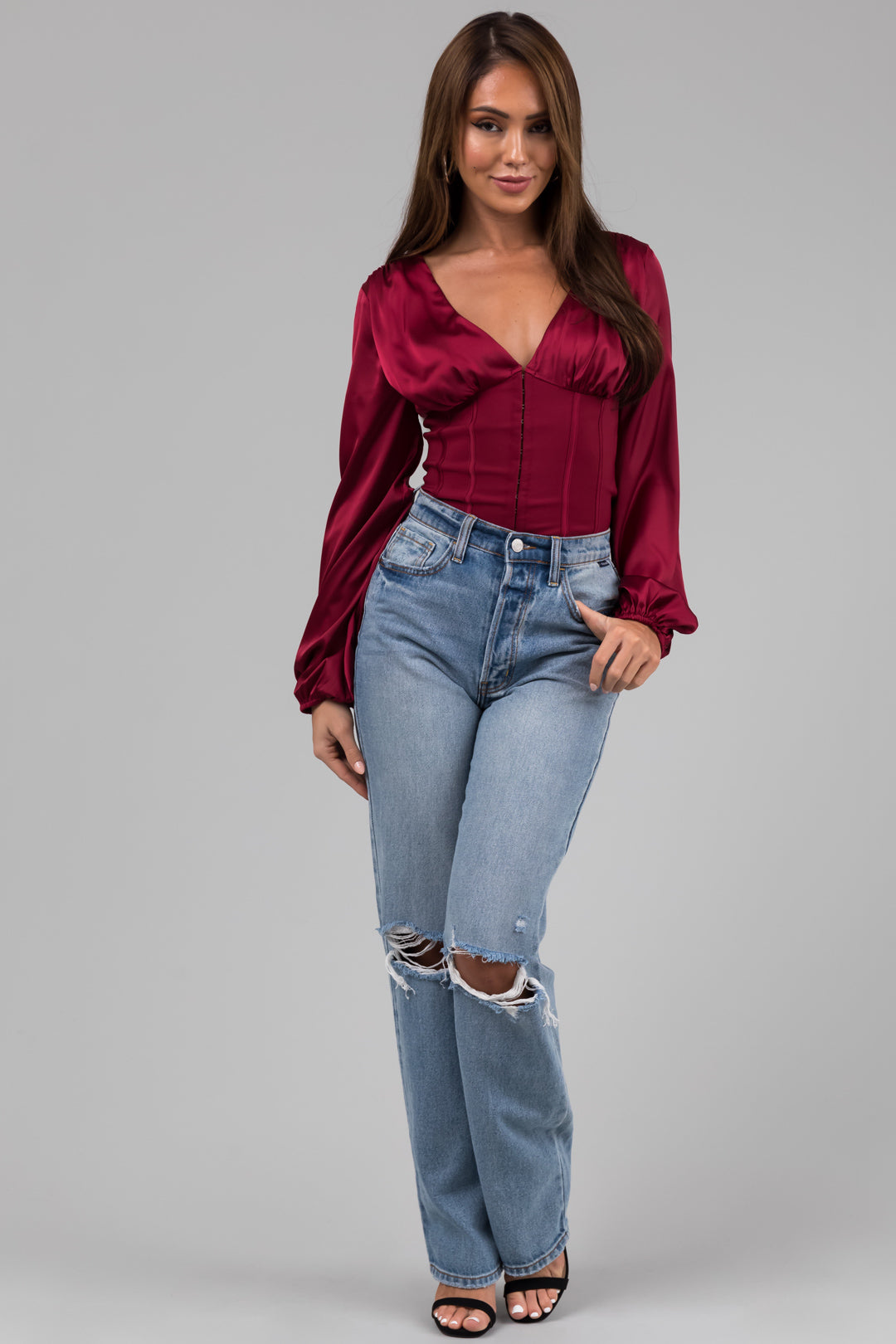 Cello Light Wash High Waisted Distressed Dad Jeans