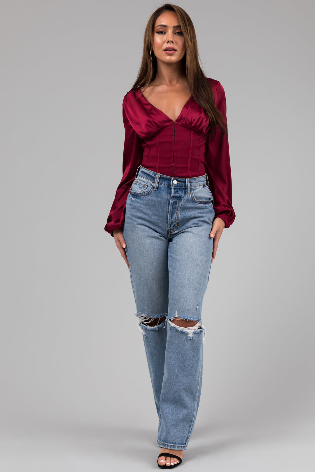 Cello Light Wash High Waisted Distressed Dad Jeans