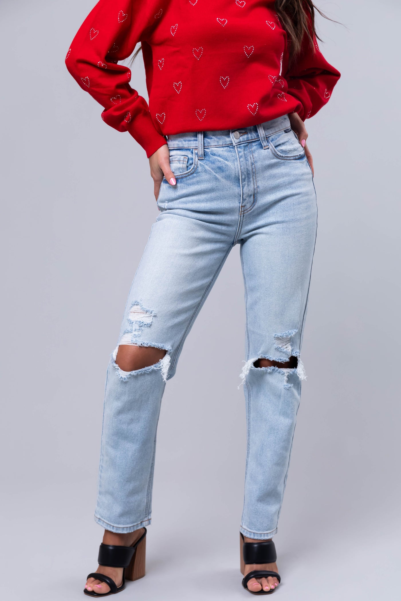 Cello Light Wash Torn Knee Straight Jeans
