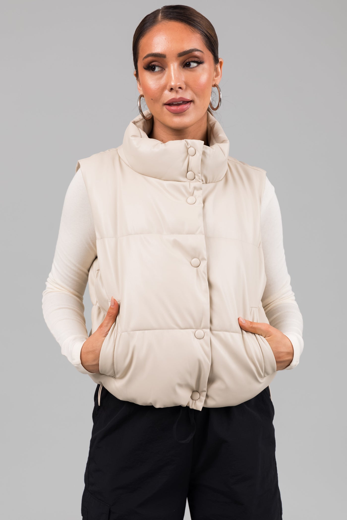 Champagne Faux Leather High Neck Puffer Vest