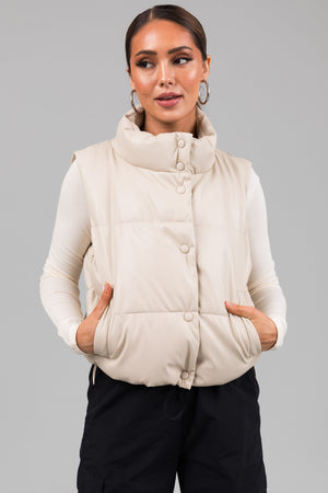 Champagne Faux Leather High Neck Puffer Vest
