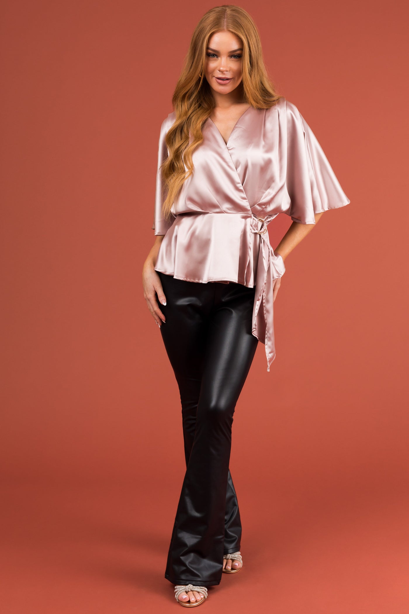Champagne Flutter Sleeve Wrap Satin Blouse