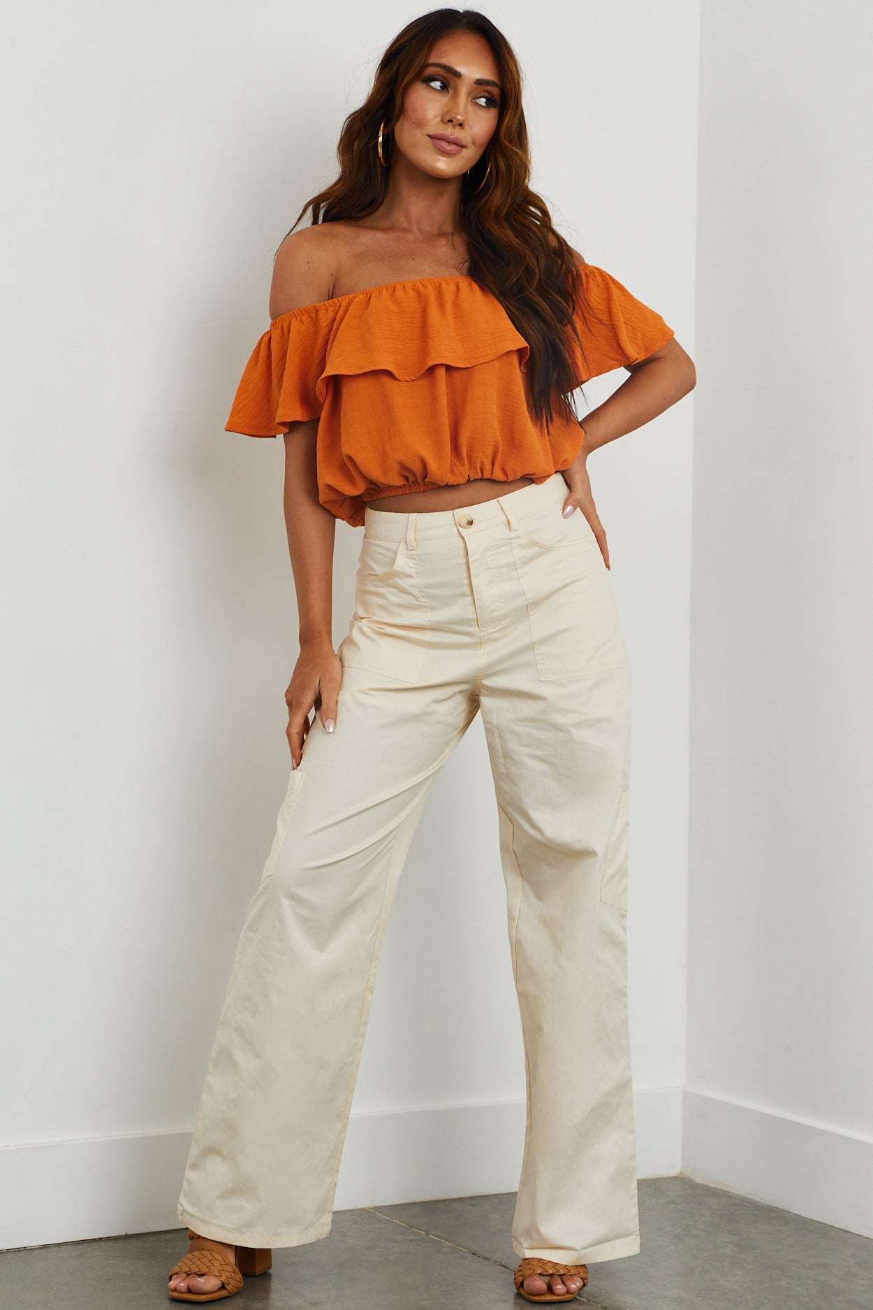 Champagne High Rise Wide Leg Cargo Pants