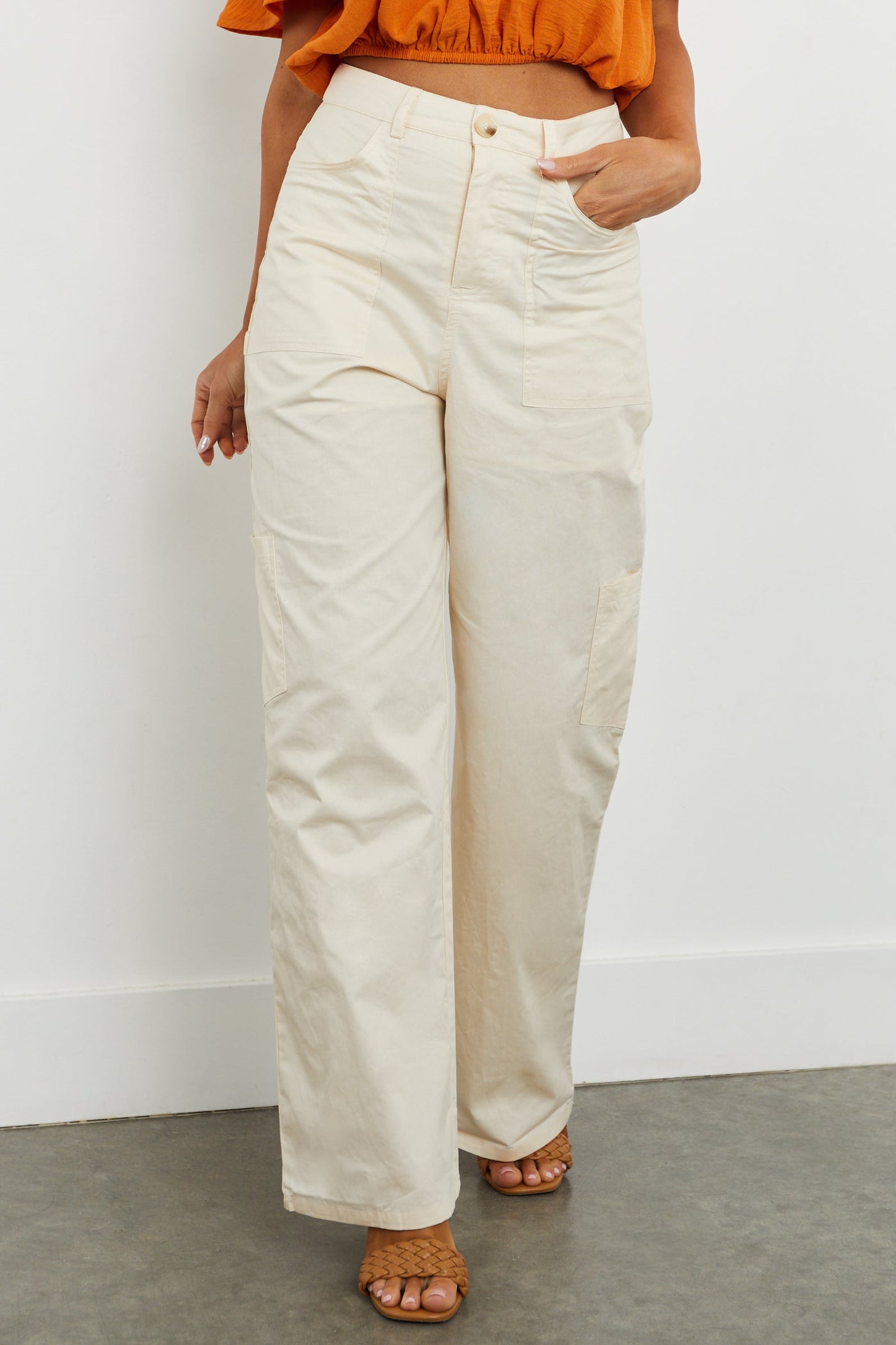 Champagne High Rise Wide Leg Cargo Pants