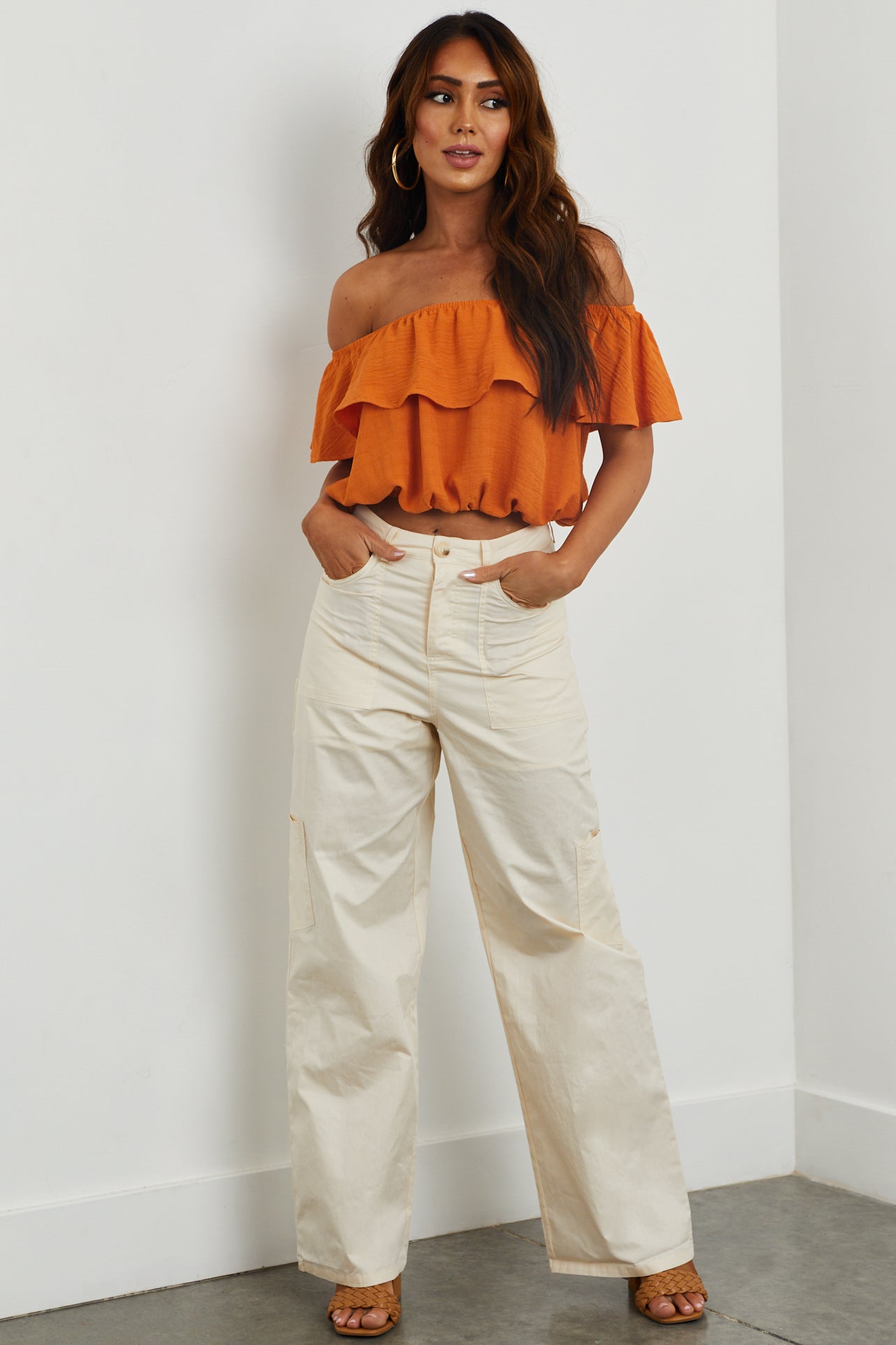 Champagne High Rise Wide Leg Cargo Pants