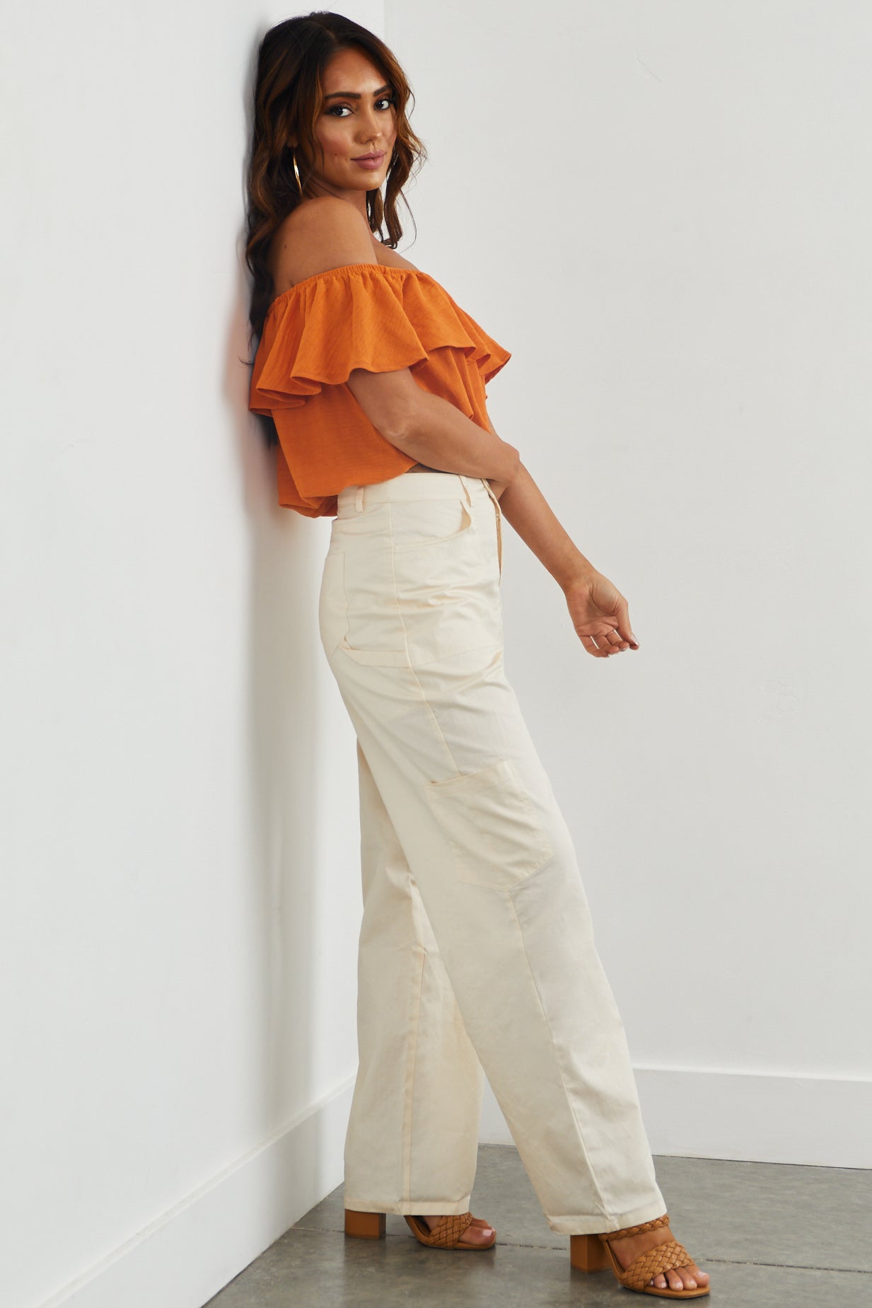 Champagne High Rise Wide Leg Cargo Pants