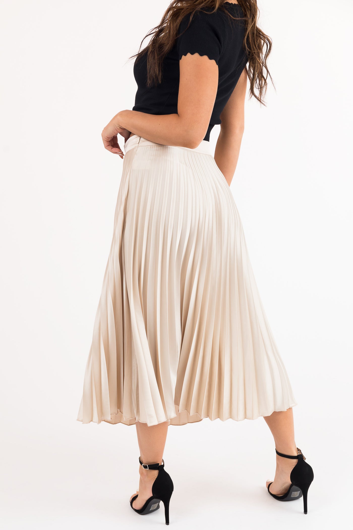 Champagne High Waisted Pleated Satin Midi Skirt