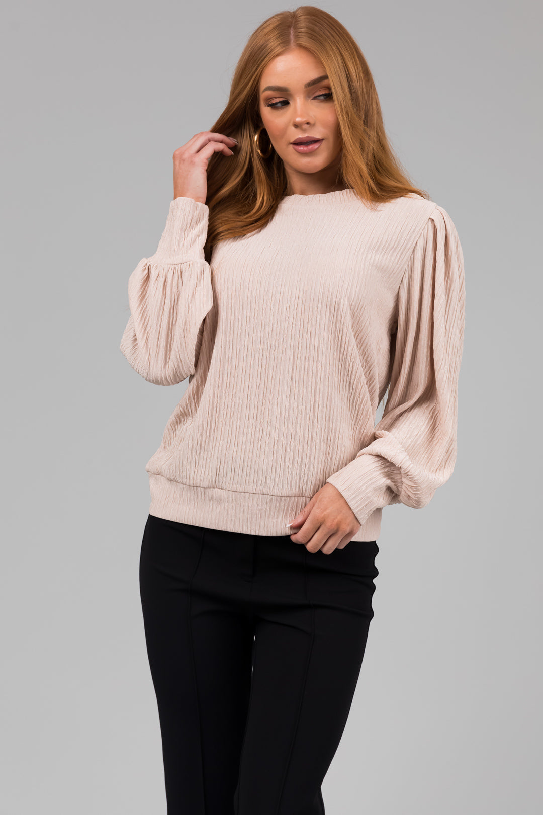 Champagne Long Bubble Sleeve Crinkle Top