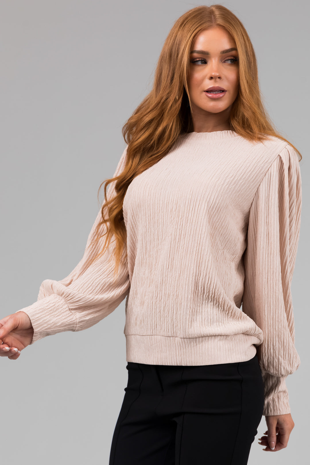 Champagne Long Bubble Sleeve Crinkle Top