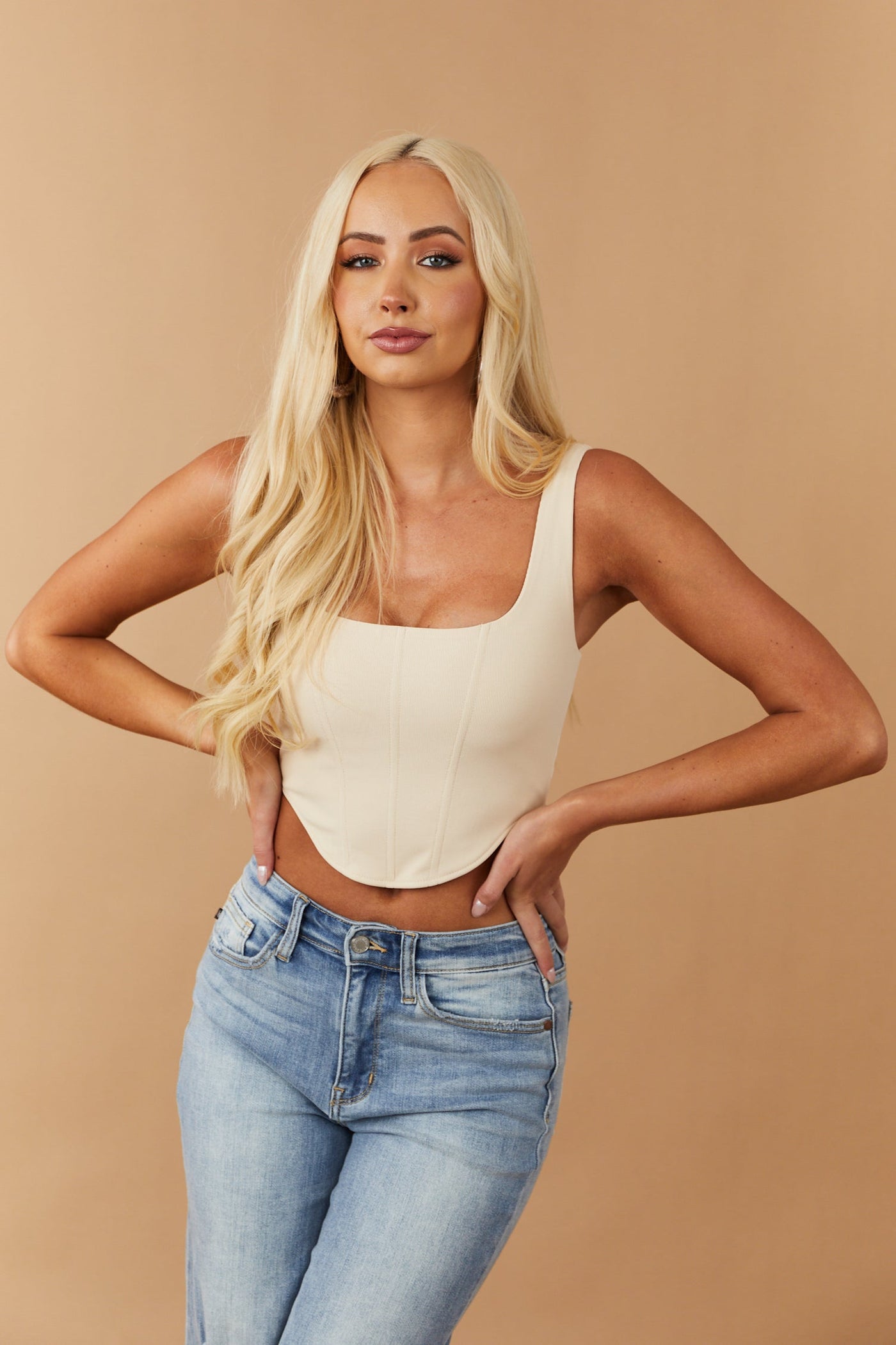 Champagne Ribbed Knit Cropped Corset Tank Top