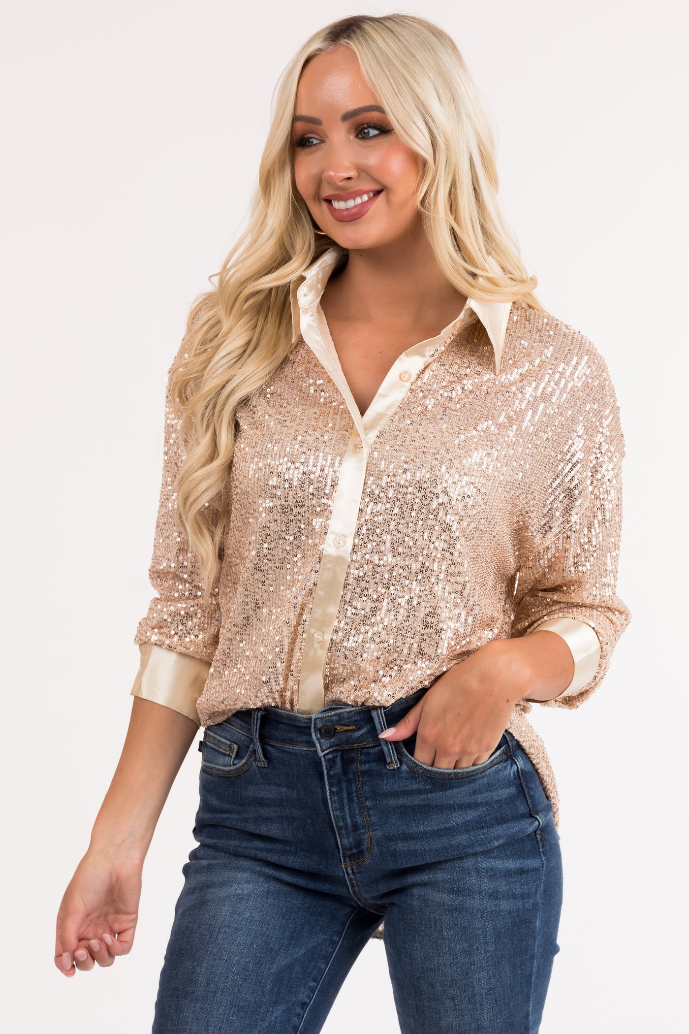 Champagne Sequin Button Down Long Sleeve Top