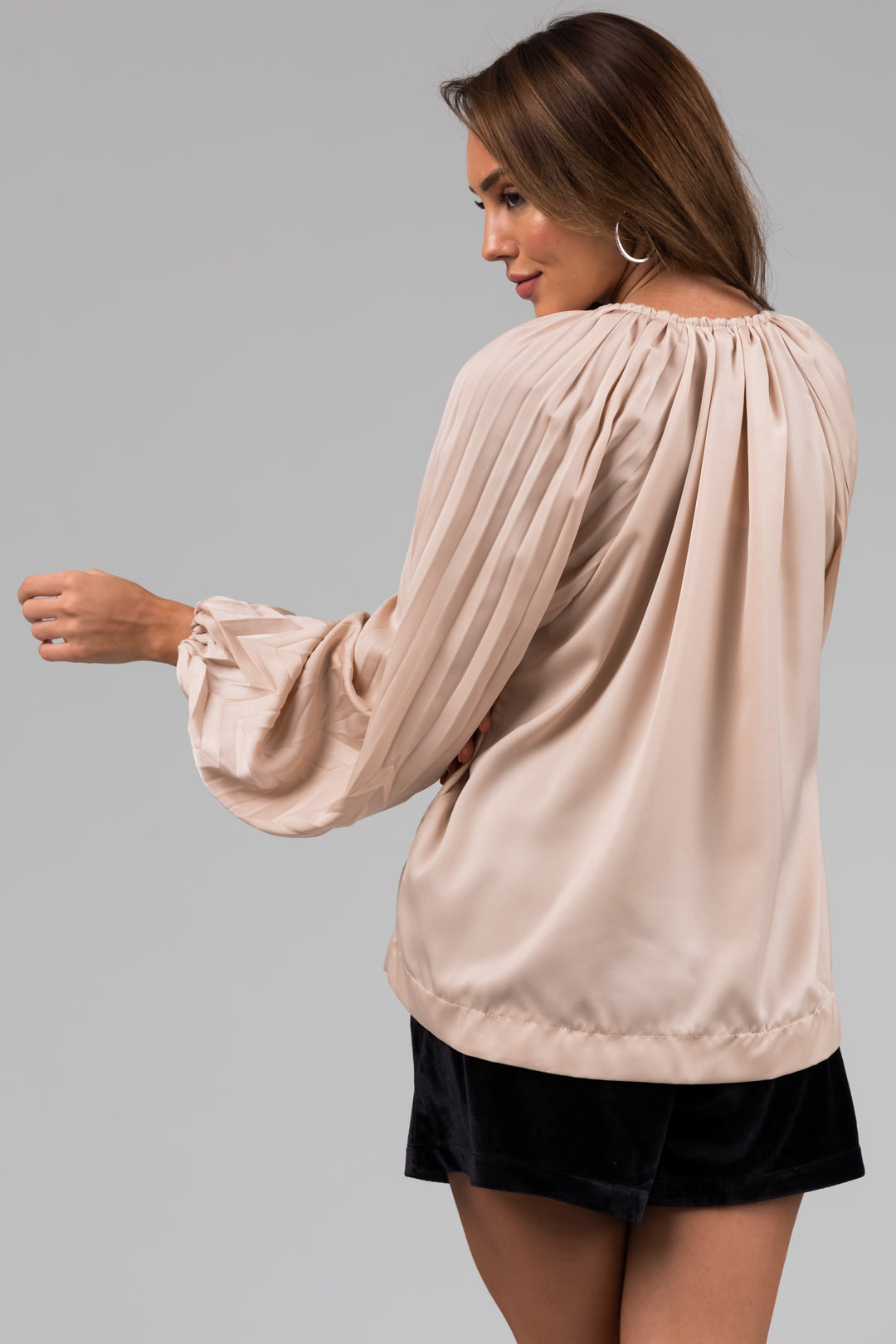 Champagne V Neck Pleated Detail Long Sleeve Top