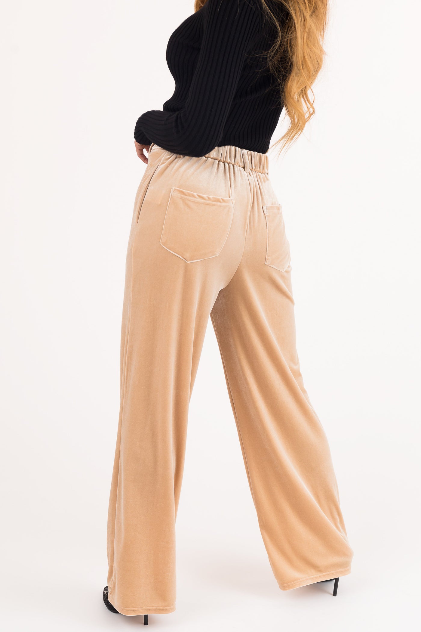 Champagne Velvet Wide Leg High Waisted Pants