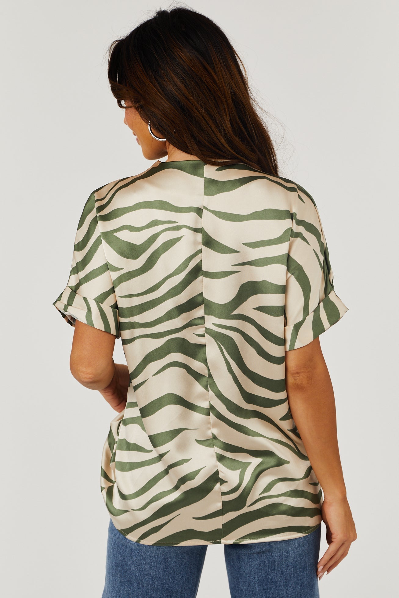 Champagne and Olive Zebra Print V Neck Top