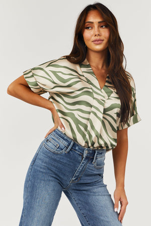 Champagne and Olive Zebra Print V Neck Top