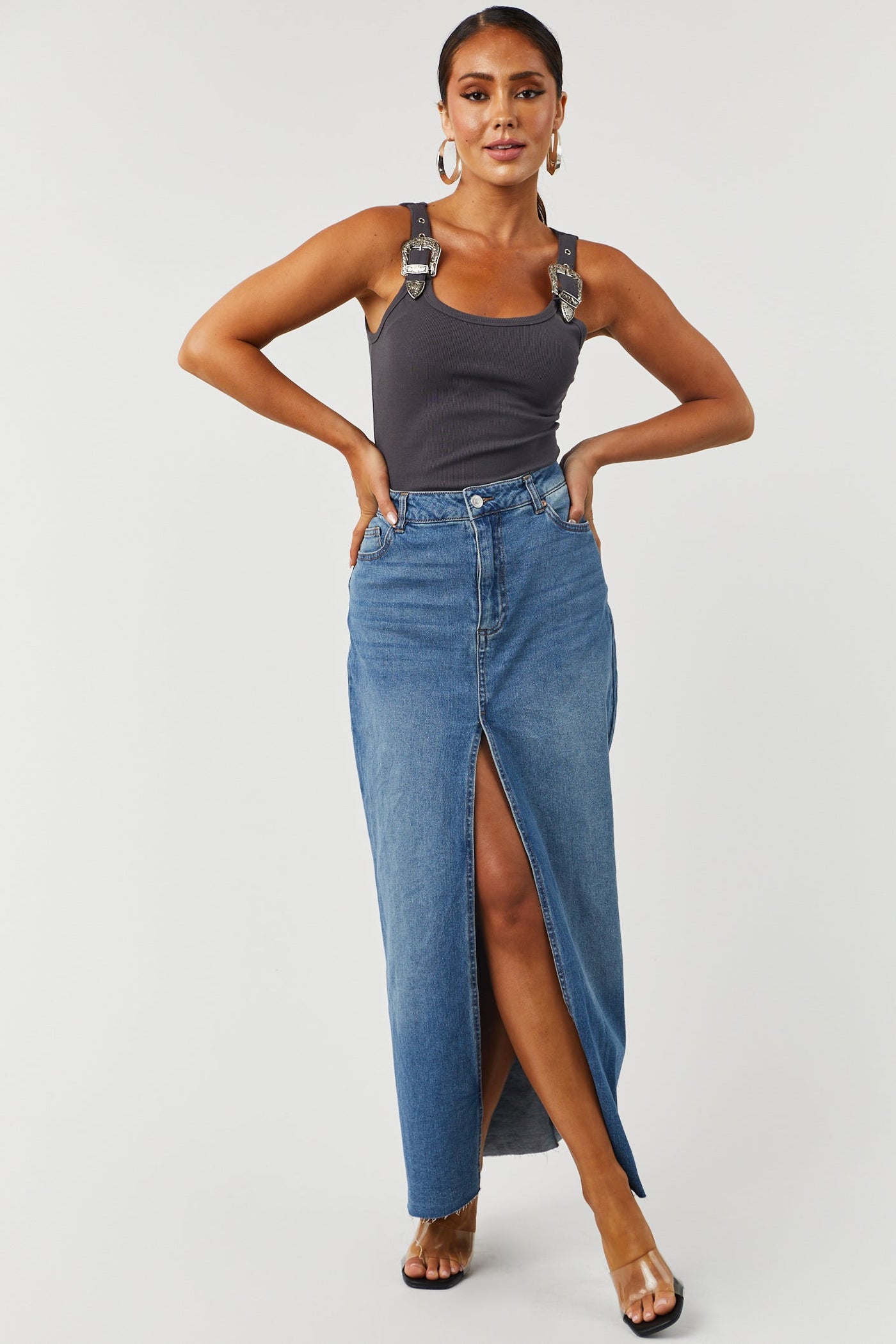 Charcoal Buckle Straps Knit Tank Top