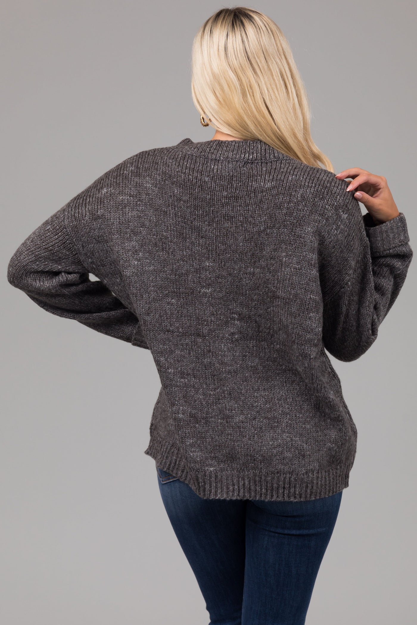 Charcoal Chest Pocket Cuffed Sleeve Sweater