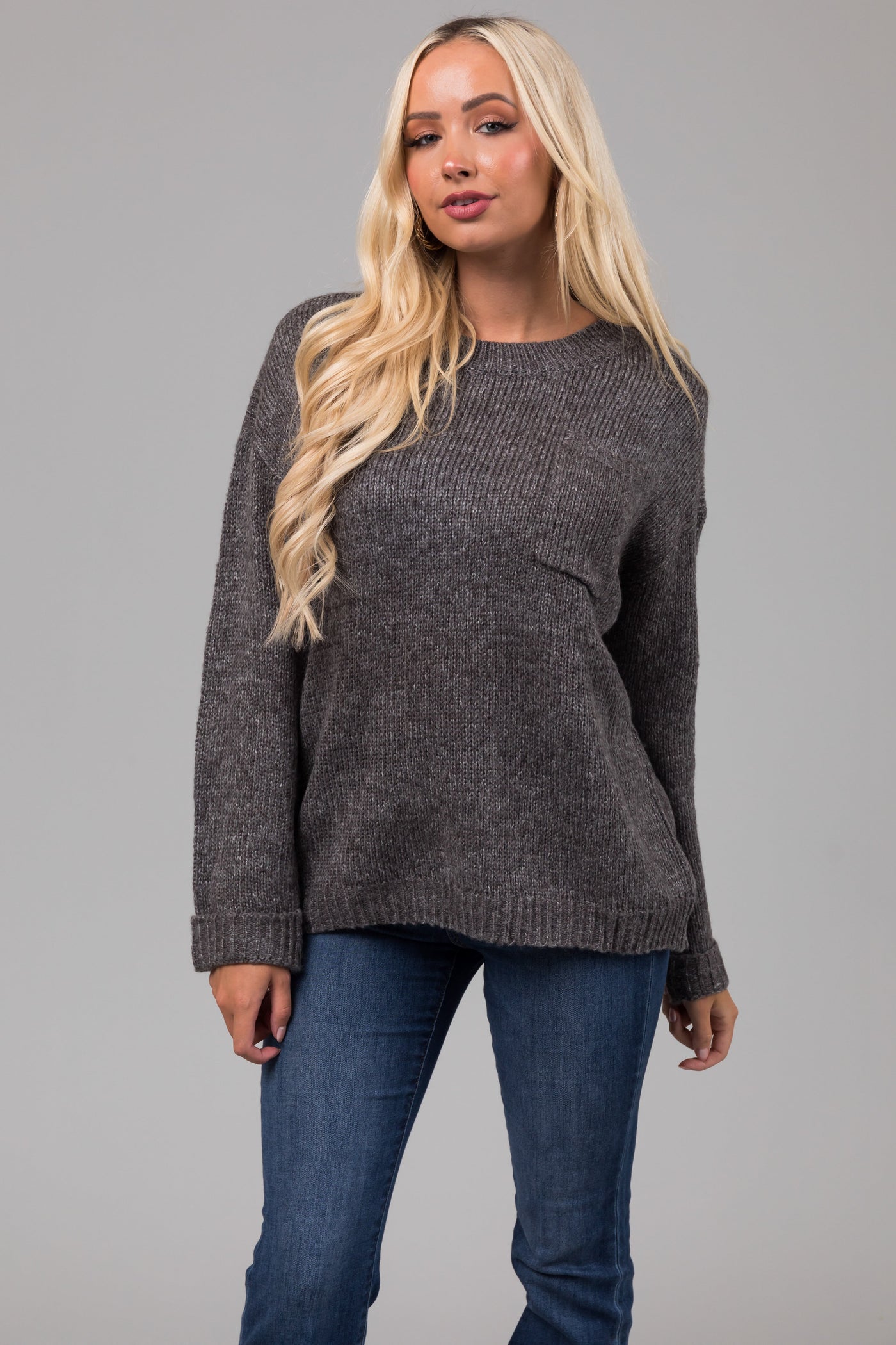 Charcoal Chest Pocket Cuffed Sleeve Sweater